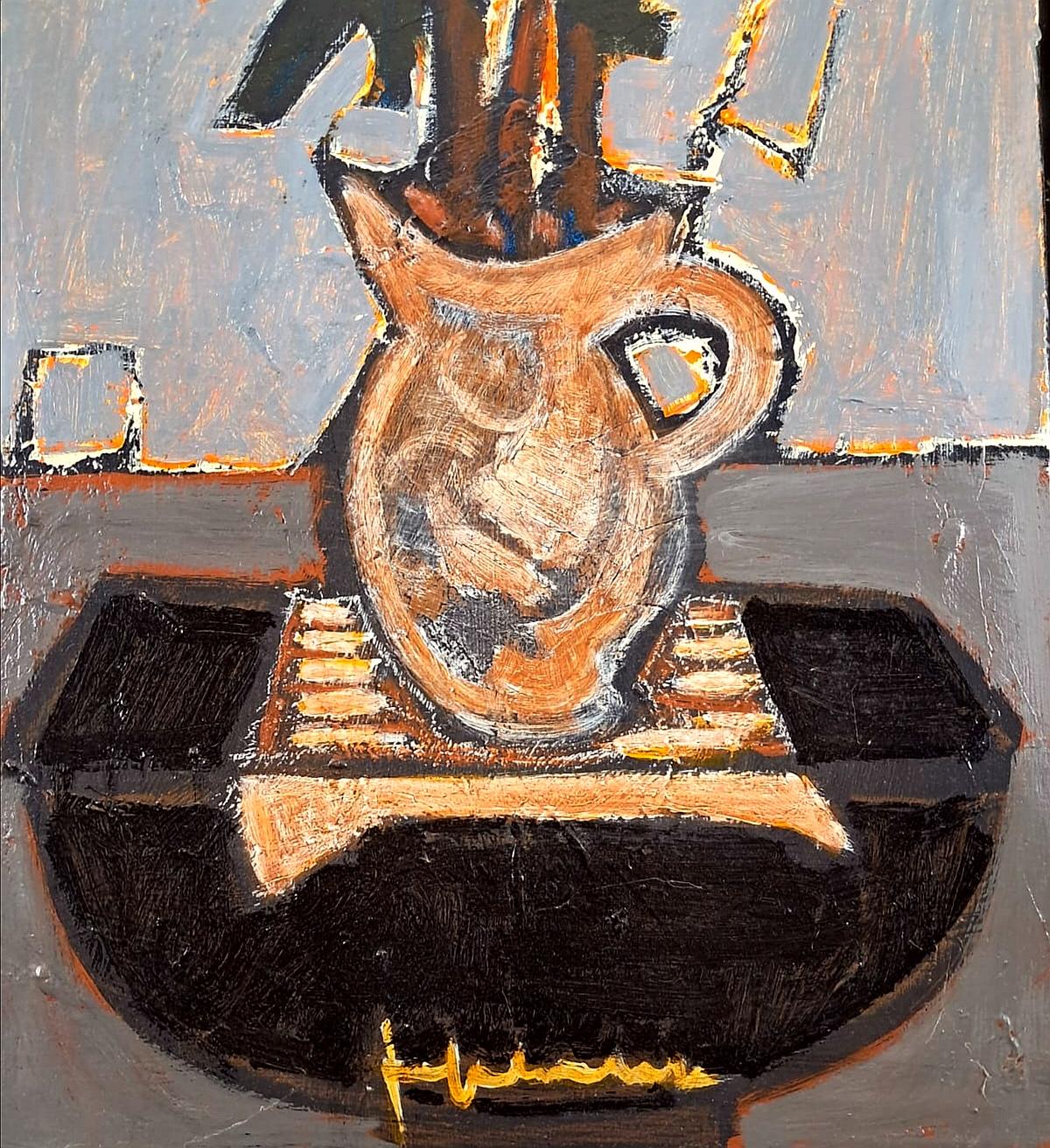 Planta en una maceta - Pintura cubista modernista francesa de bodegón de mediados del siglo XX - Painting de Jef Friboulet