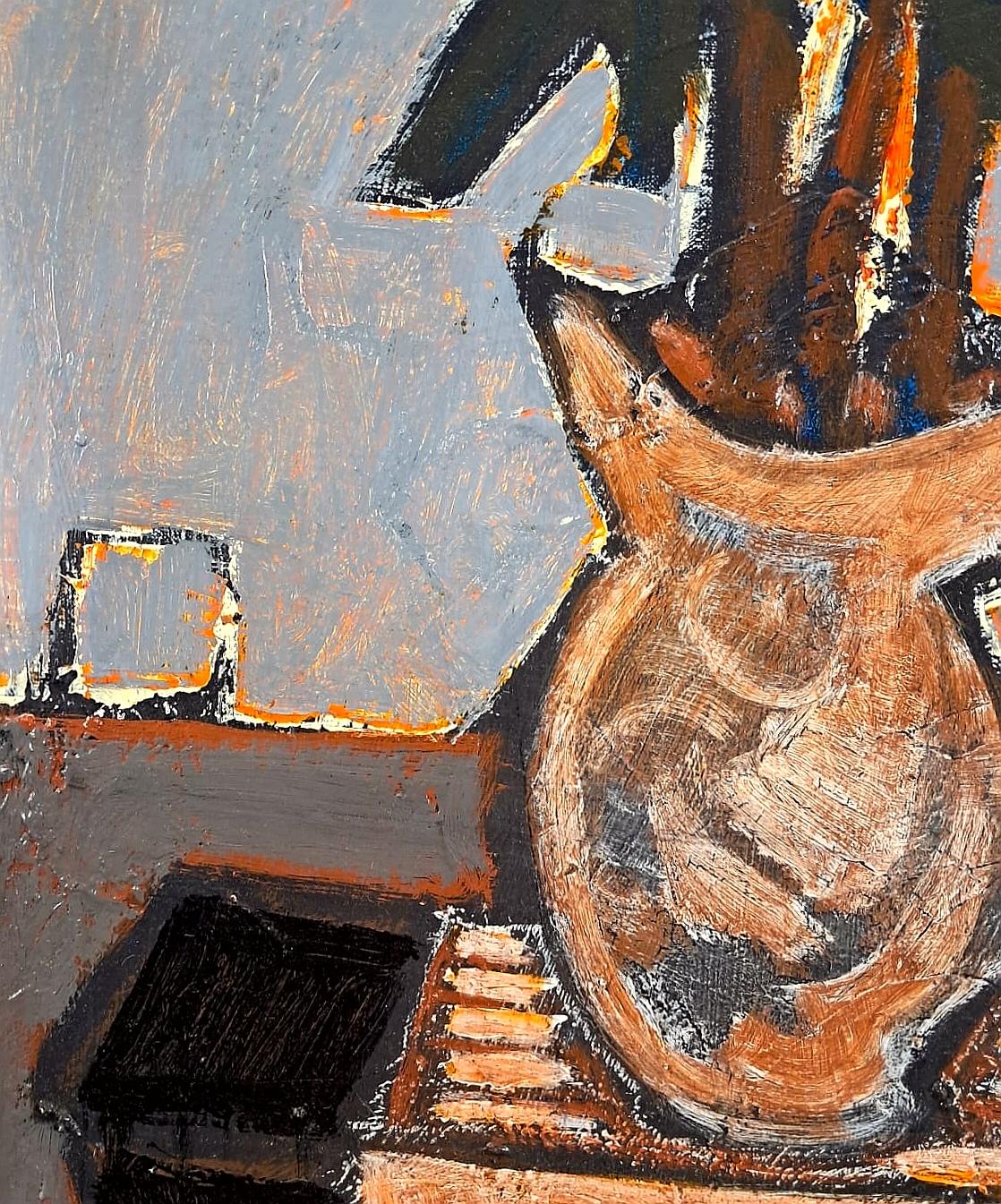 Planta en una maceta - Pintura cubista modernista francesa de bodegón de mediados del siglo XX - Still-Life Painting Marrón de Jef Friboulet