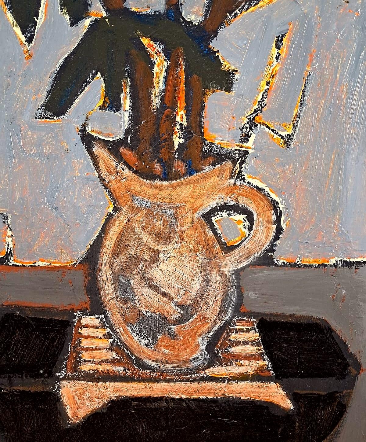 Precioso óleo sobre lienzo de gran tamaño de influencia cubista modernista, bodegón con planta en maceta, del artista francés Jef Friboulet. Obra llamativa y de excelente calidad, presentada en un marco de caja.

Artista: Jef Friboulet (francés,