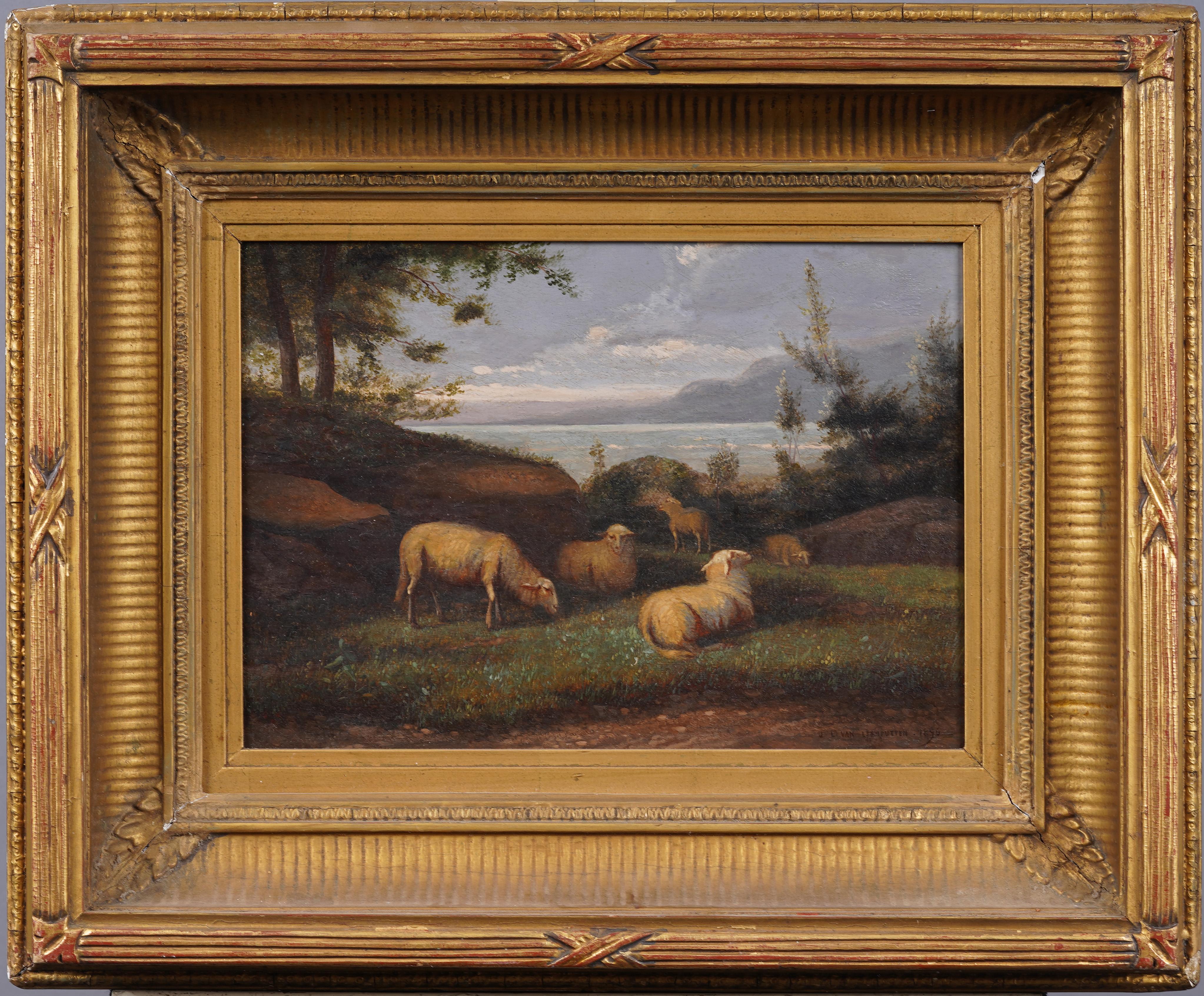 Antico dipinto europeo del 19° secolo olandese di pecore al pascolo con cornice - Painting di Jef Louis Leemputten