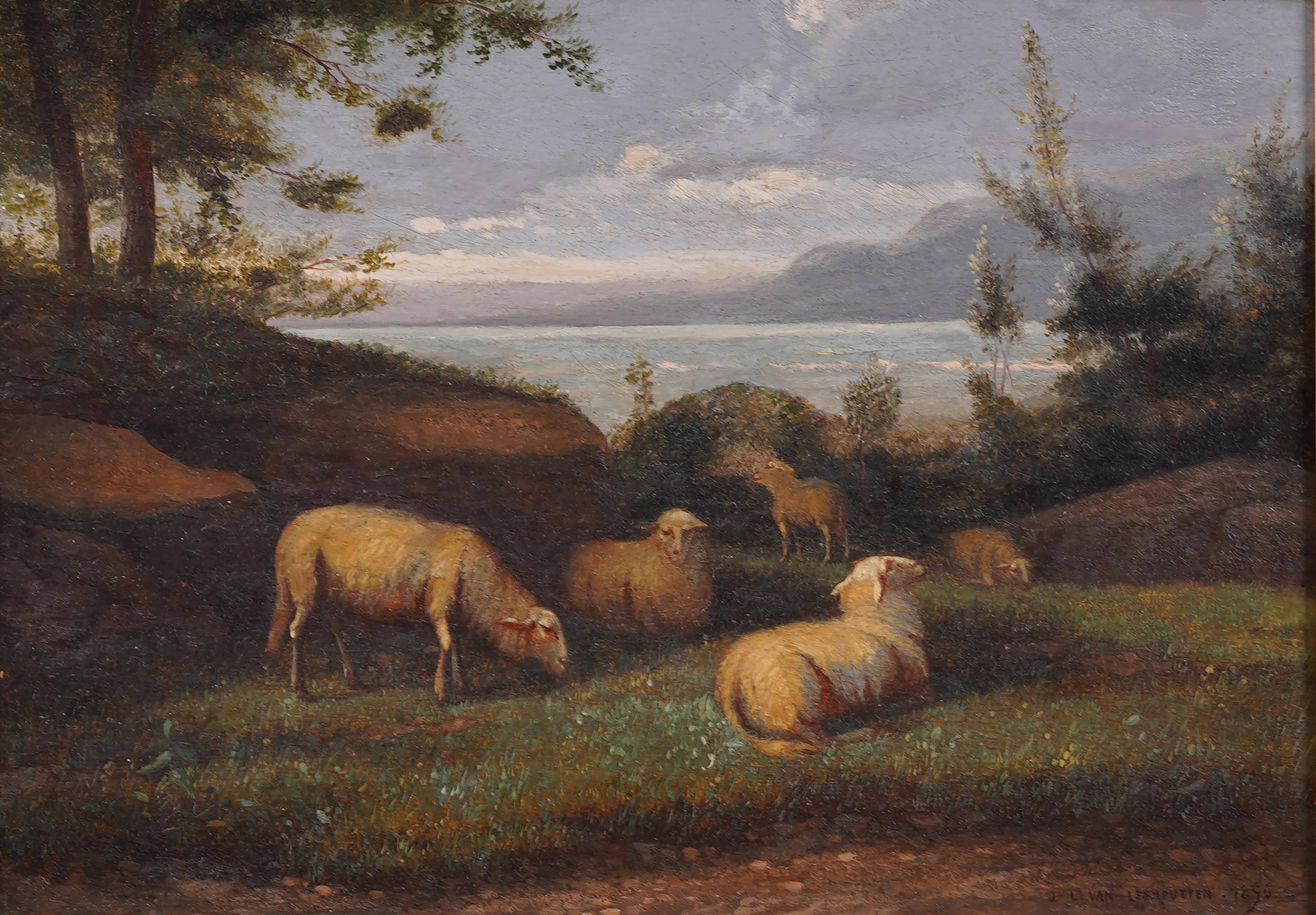 Antico dipinto europeo del 19° secolo olandese di pecore al pascolo con cornice - Painting Realismo di Jef Louis Leemputten