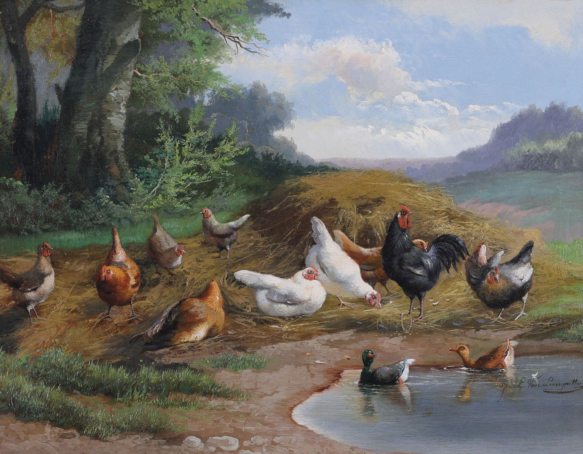 « Chickens and Birds », une peinture à l'huile - Painting de Jef Louis van Leemputten