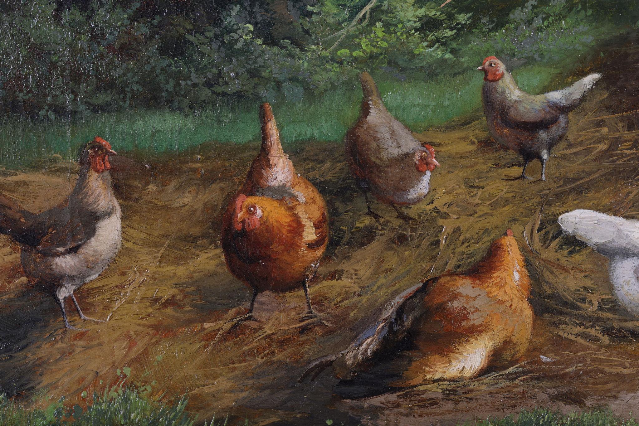 'Chickens and Birds' an oil painting - Dutch School Painting by Jef Louis van Leemputten