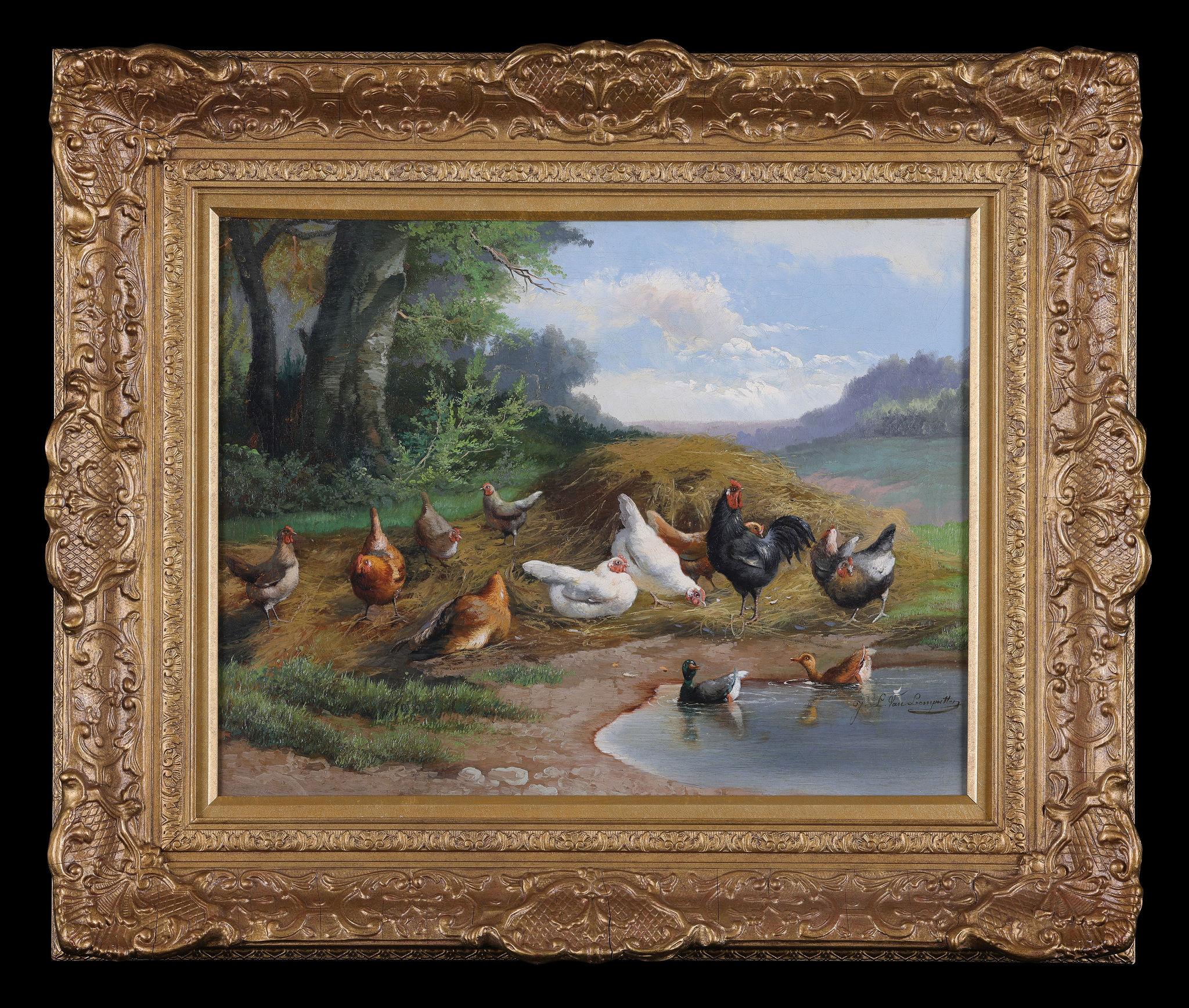 Jef Louis van Leemputten Animal Painting - 'Chickens and Birds' an oil painting