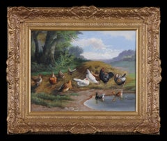 'Chickens and Birds' an oil painting
