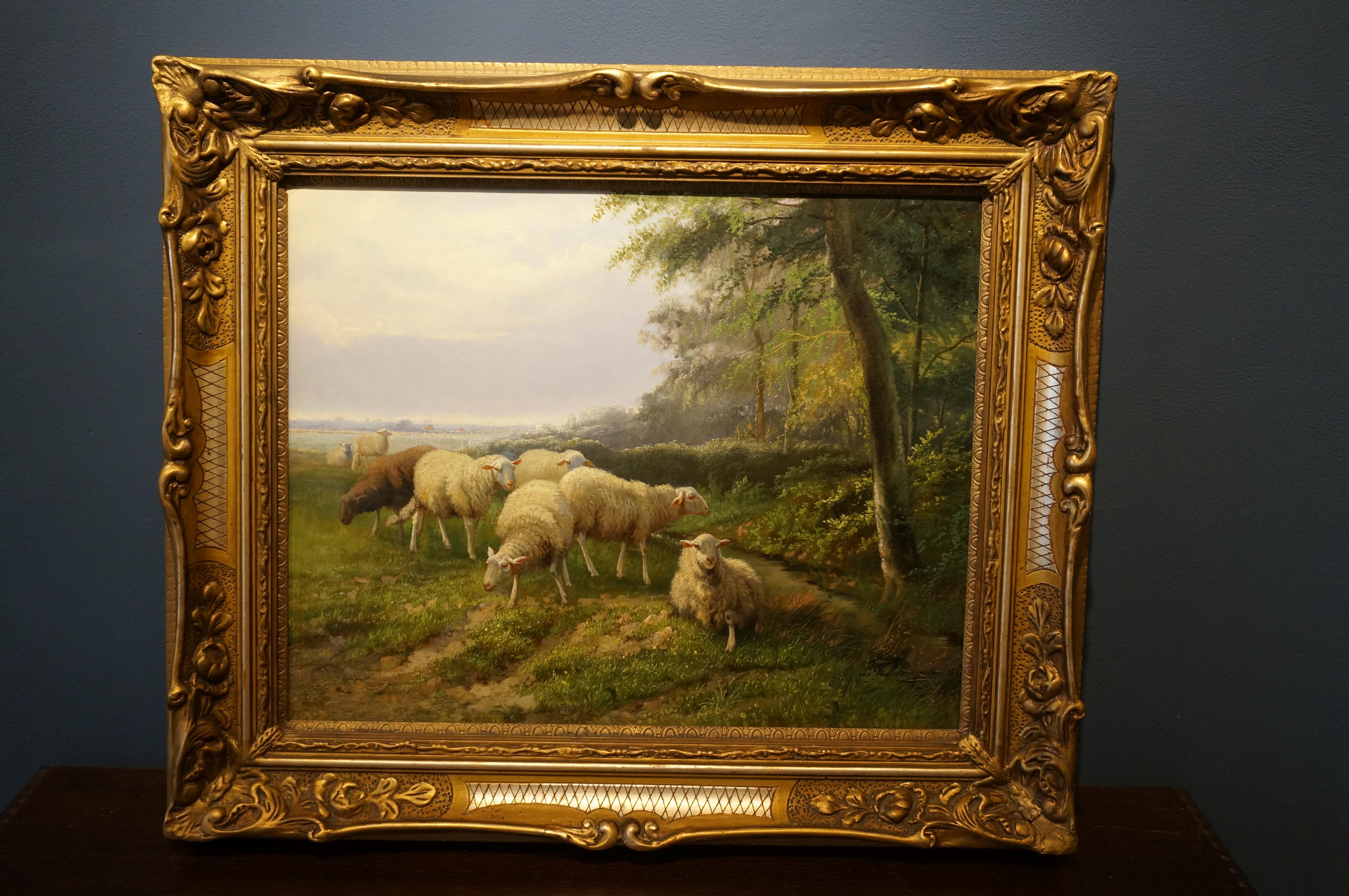 Paesaggio con gregge di pecore, olio romantico su tela, Belgio, 1890 7