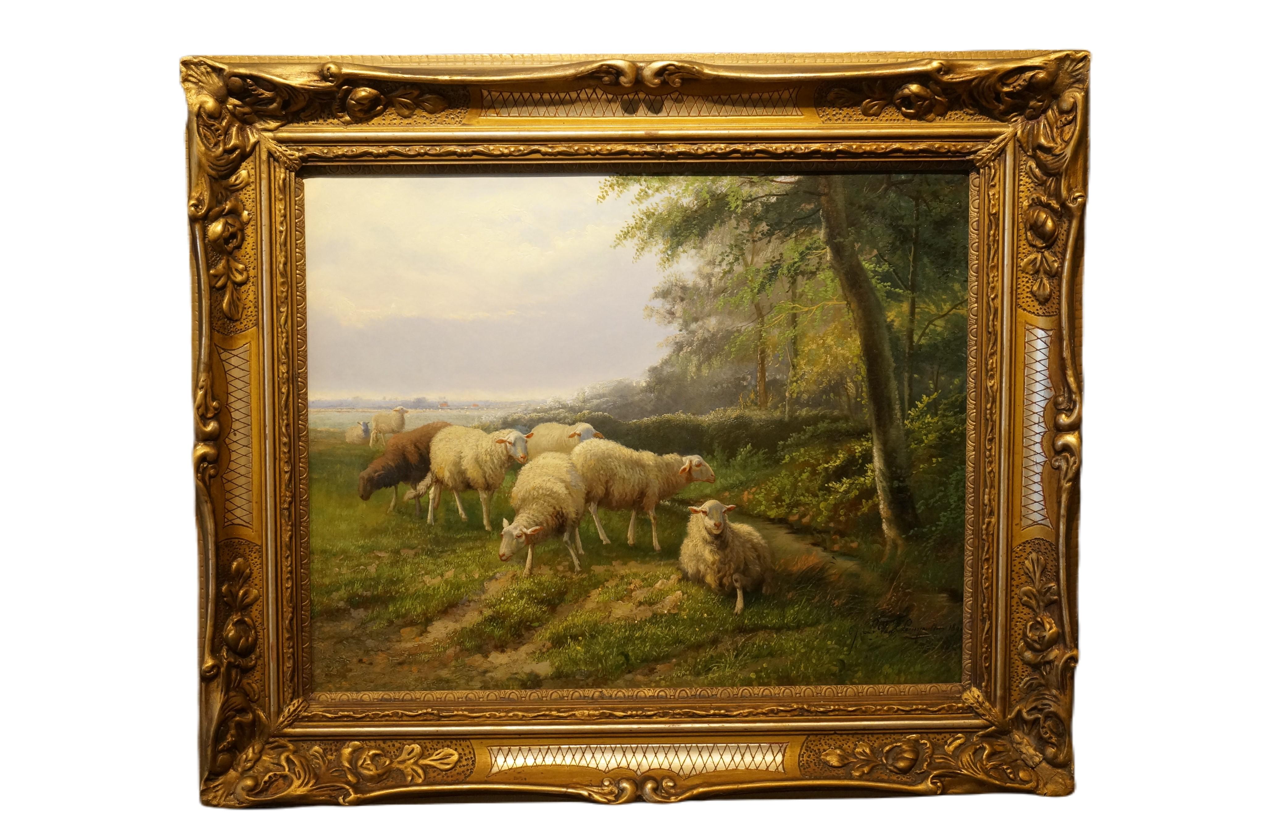 Paesaggio con gregge di pecore, olio romantico su tela, Belgio, 1890 - Painting di Jef Louis van Leemputten