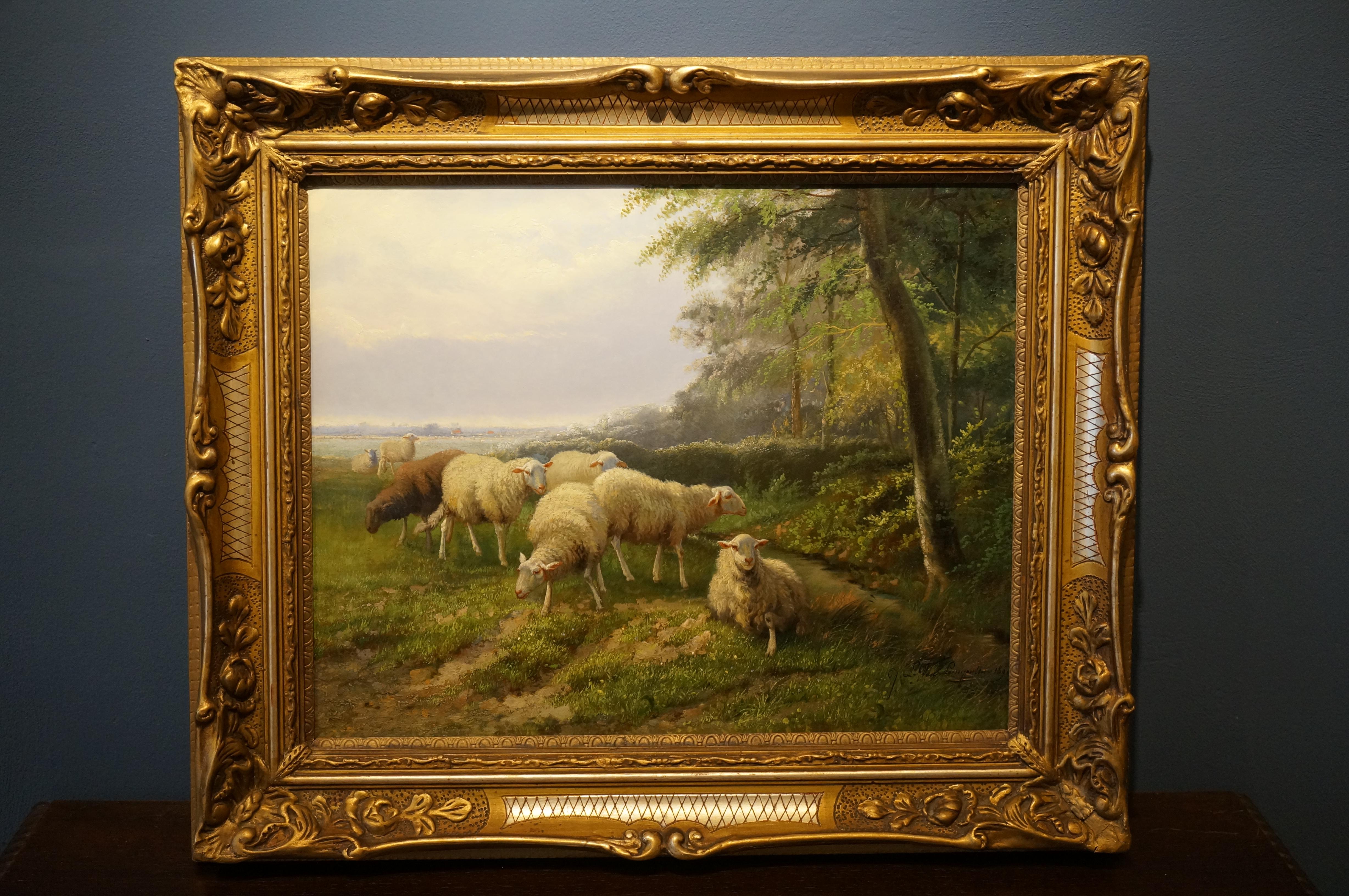 Landschaft mit Schafsfisch, romantisches Ölgemälde auf Leinwand, Belgien, 1890 (Romantik), Painting, von Jef Louis van Leemputten