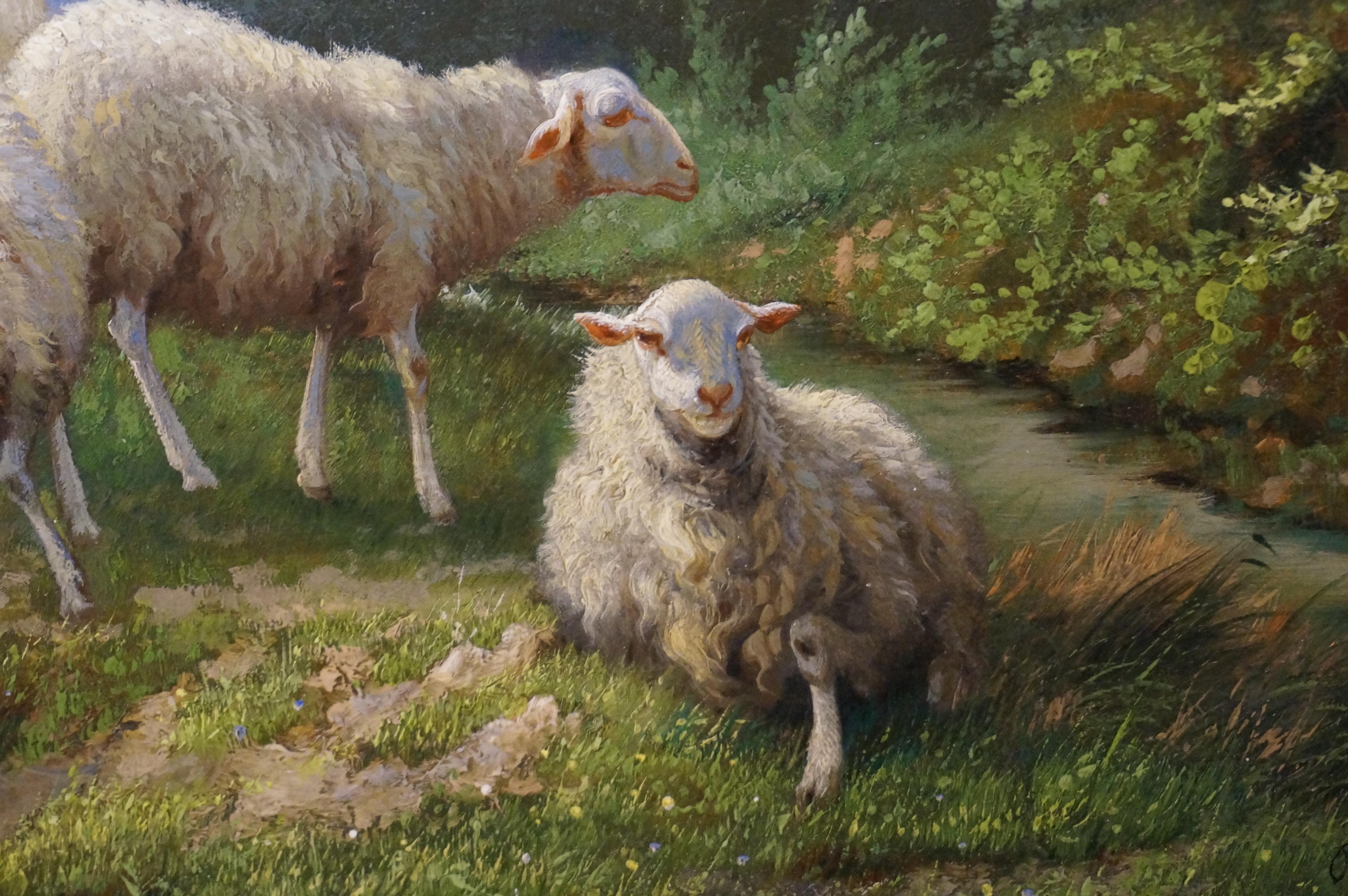Paysage avec troupeau de moutons, peinture à l'huile romantique sur toile, Belgique, 1890 1