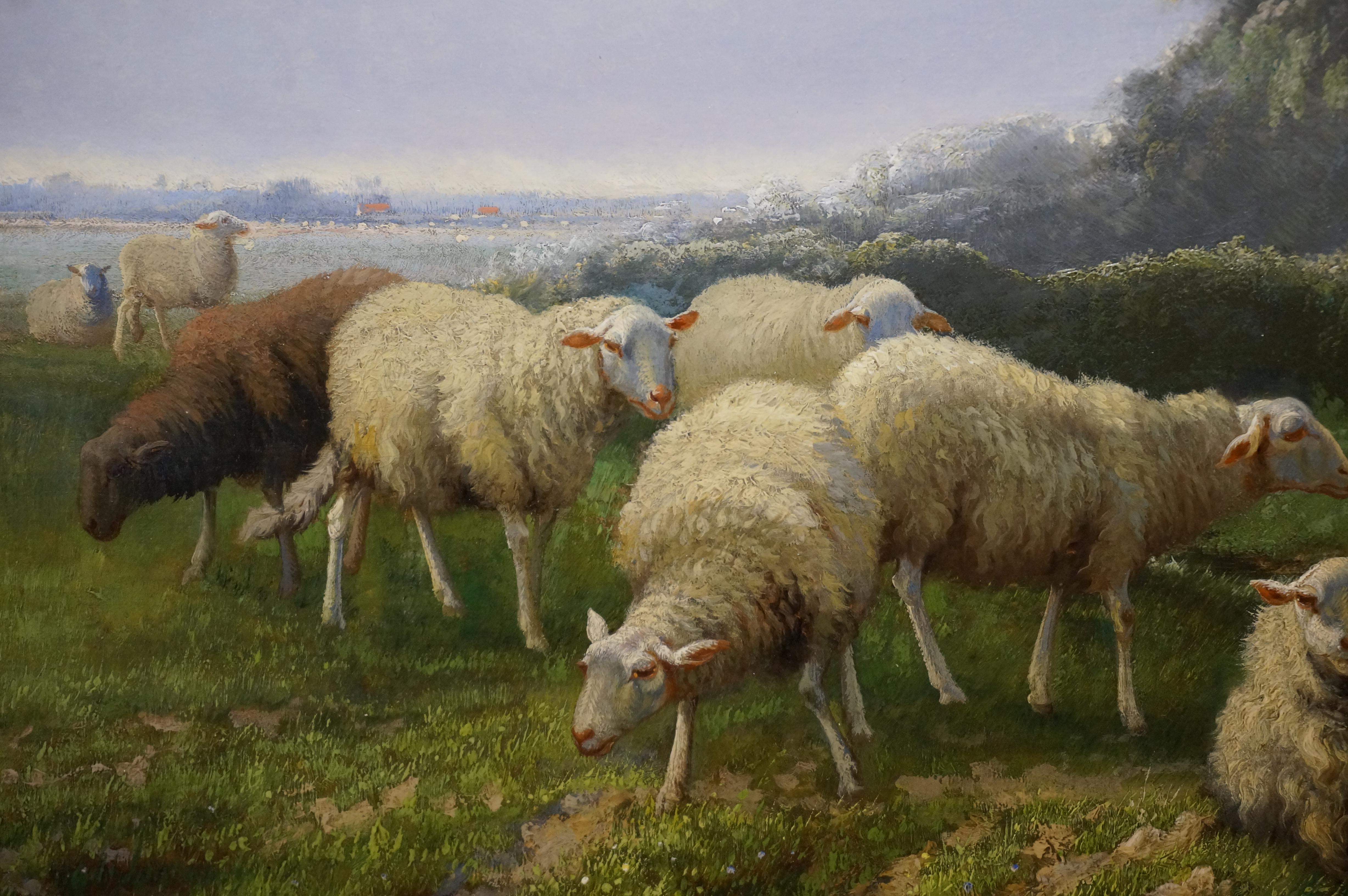 Paesaggio con gregge di pecore, olio romantico su tela, Belgio, 1890 2