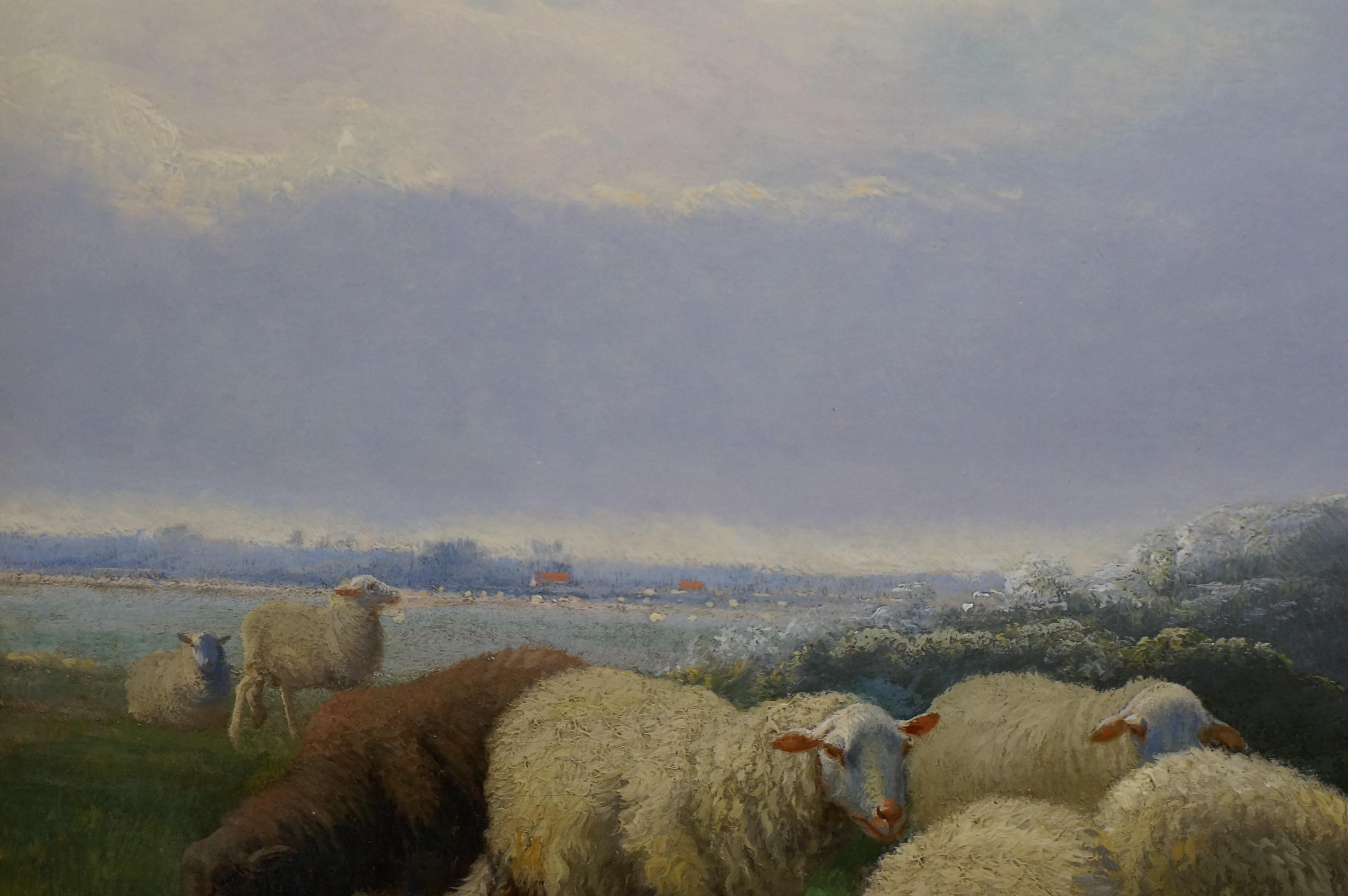 Paysage avec troupeau de moutons, peinture à l'huile romantique sur toile, Belgique, 1890 3