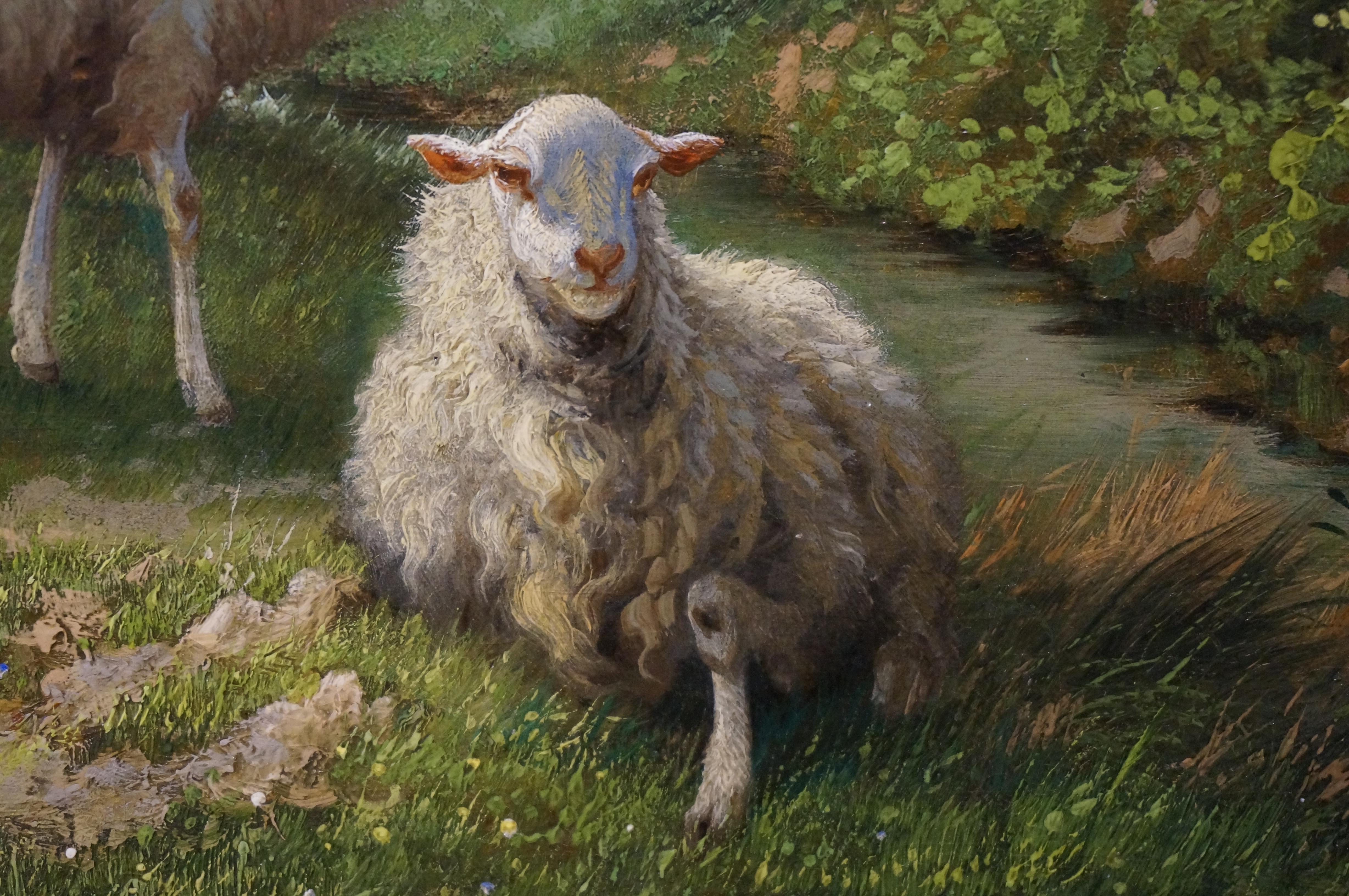 Paesaggio con gregge di pecore, olio romantico su tela, Belgio, 1890 5