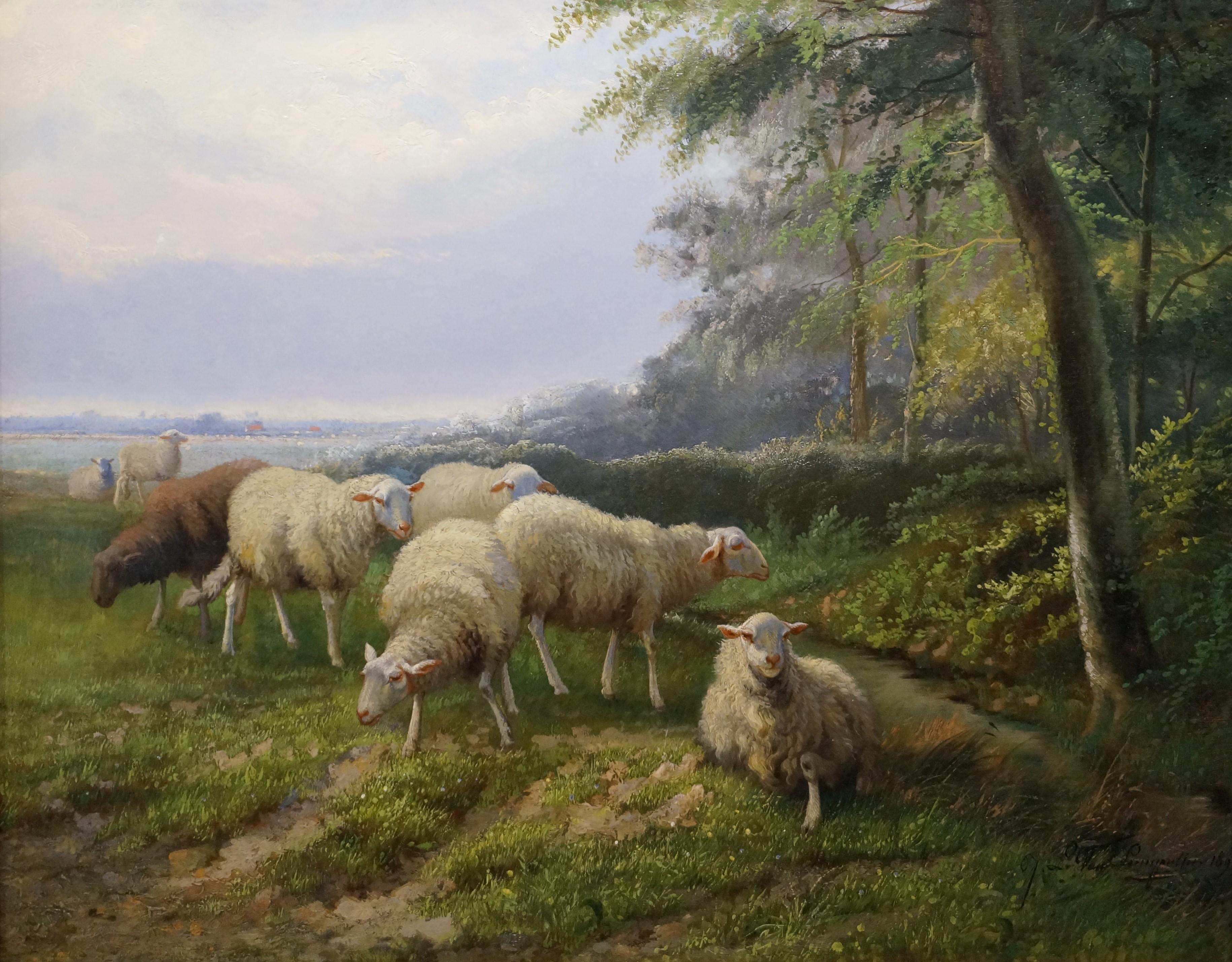 Landscape Painting Jef Louis van Leemputten - Paysage avec troupeau de moutons, peinture à l'huile romantique sur toile, Belgique, 1890