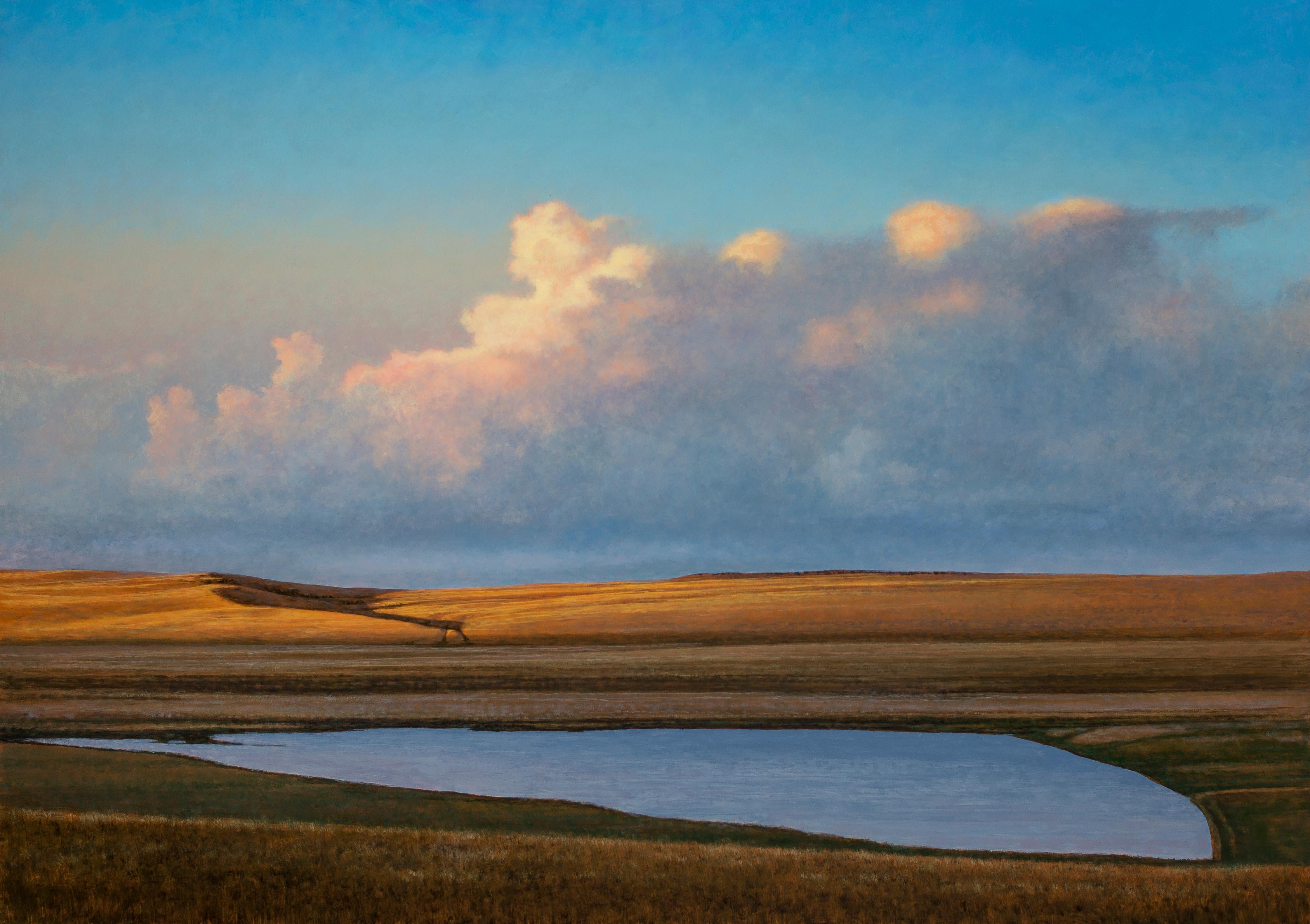 Jeff Aeling Landscape Painting – Bauernhof im nahe gelegenen Fairplay, CO - ruhige Landschaft mit Sonnenuntergang, gekissenen Wolken und Teich