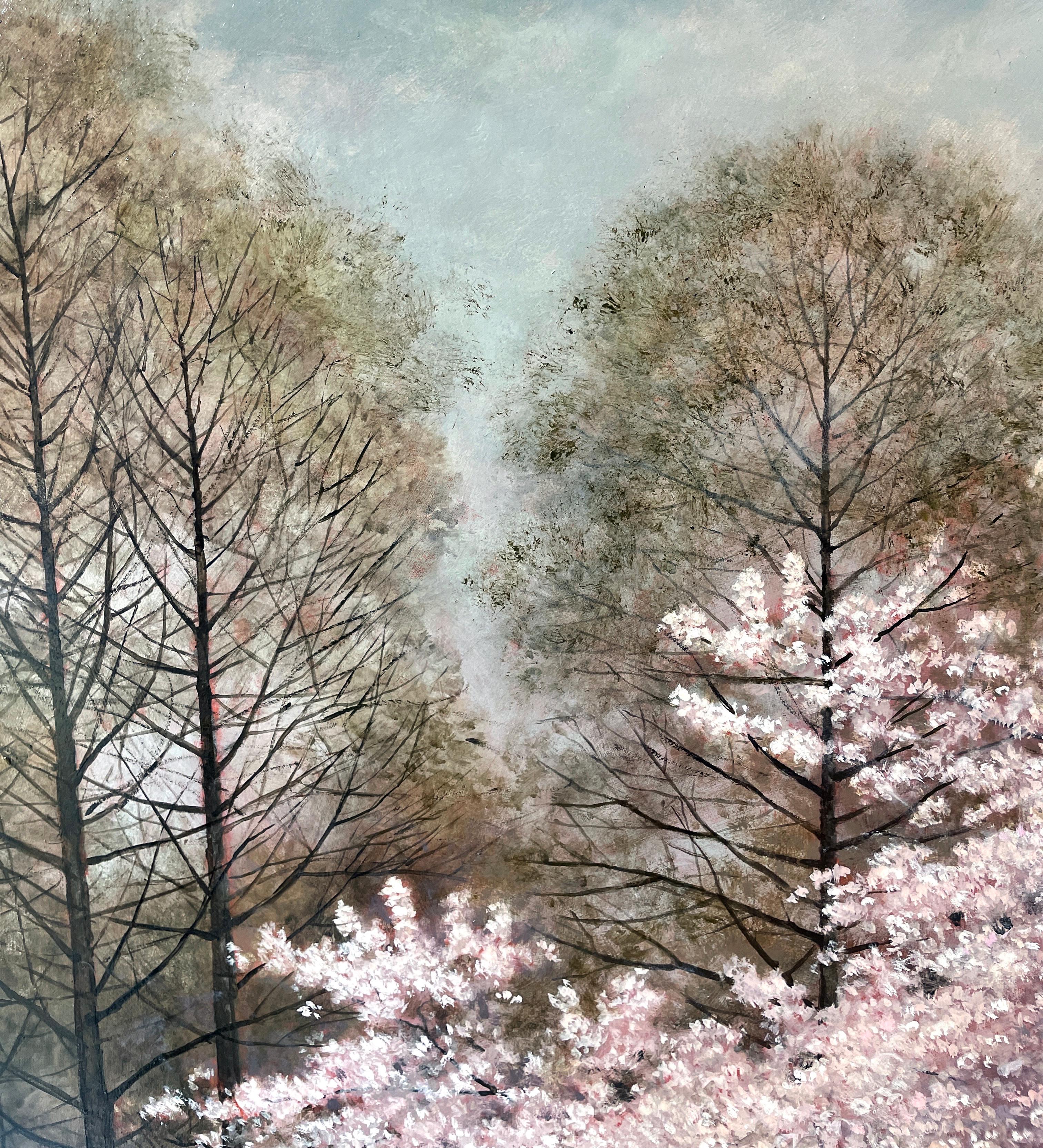 This contemplative oil painting by Jeff Aeling captures spring in all its glory.  The crabapple tree is in full bloom with its tiny pale pink flowers bringing the dormant winter woods into the rebirth of spring.  Painted in a style that blends