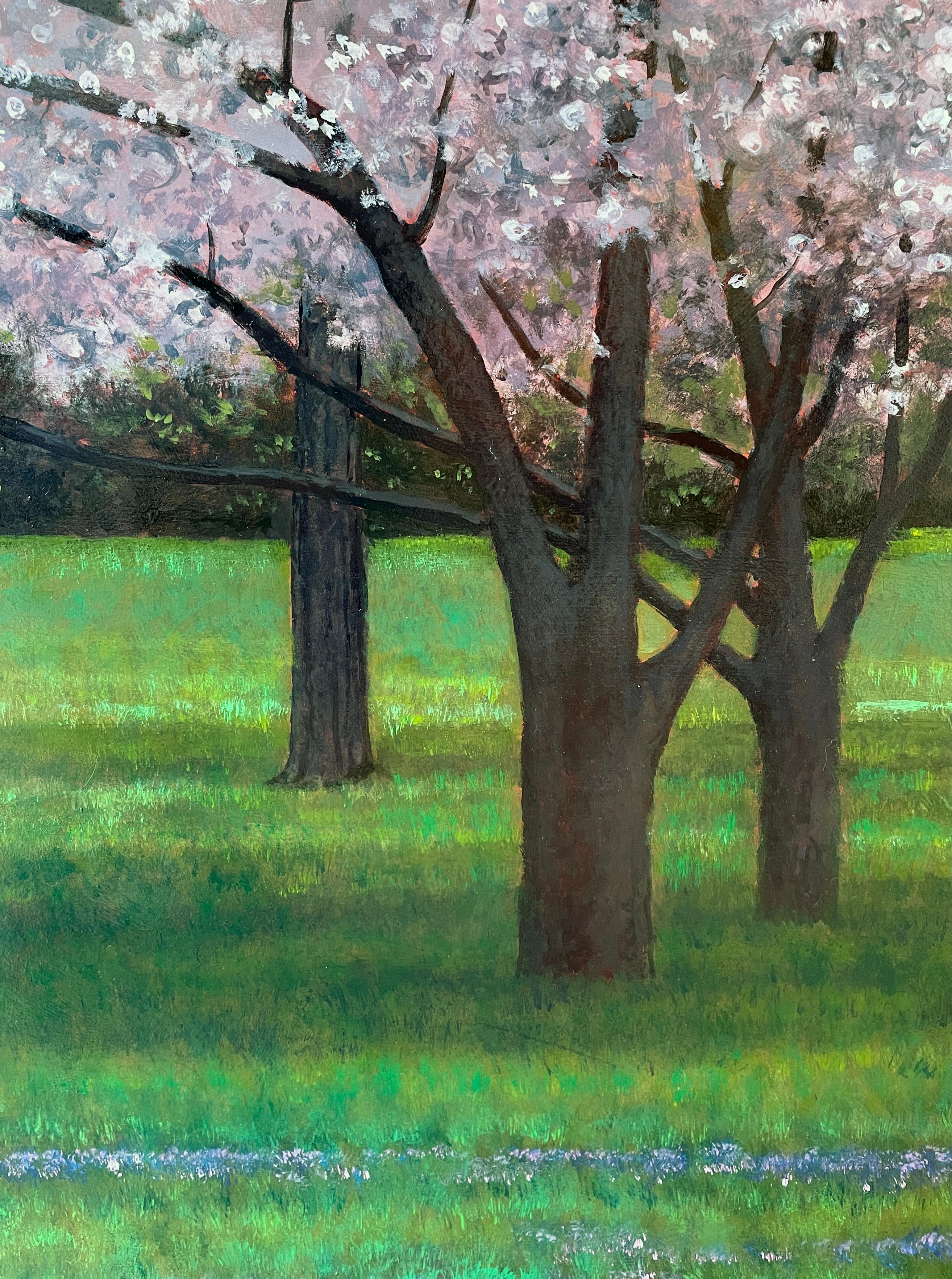 Crabapple - Spring Blooming Crabapple Tree in Green Grassy Clearing, Oil Paint - Black Landscape Painting by Jeff Aeling