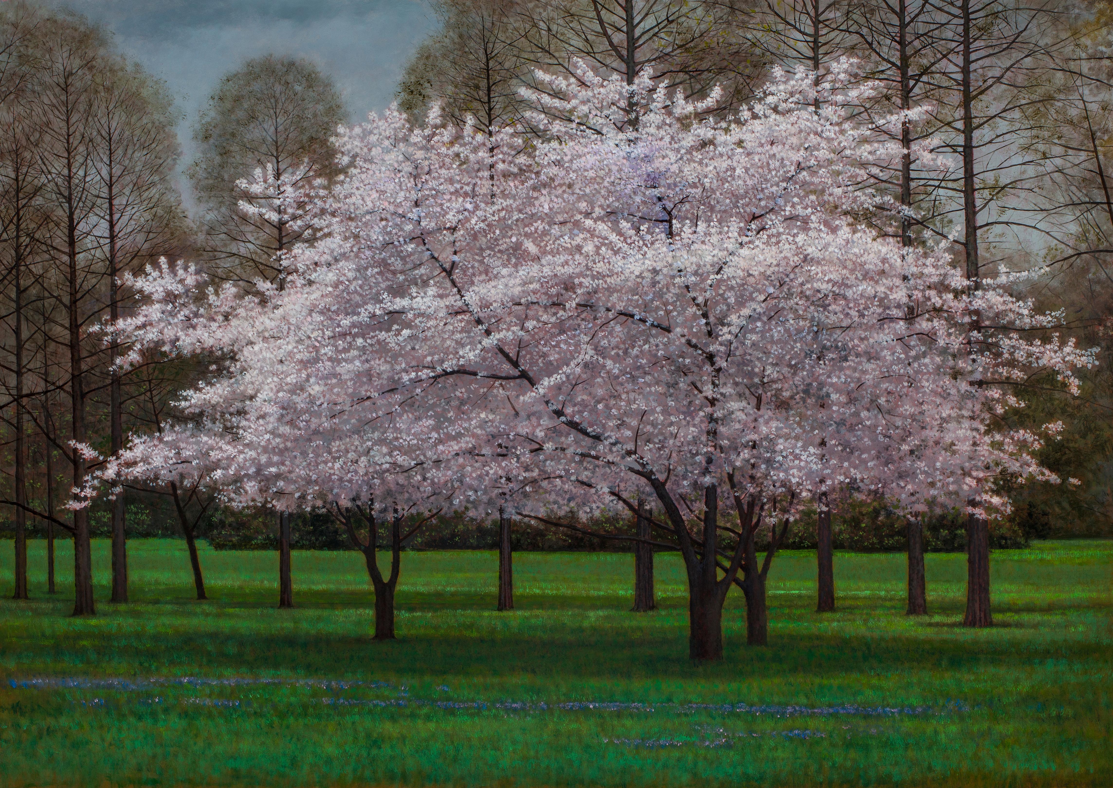Jeff Aeling Landscape Painting – Schmetterling - Frühlingsblüten-Krabapfelbaum in grünem, grasbewachsenem Klarlack, Ölfarbe