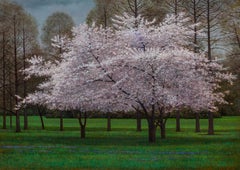 Schmetterling - Frühlingsblüten-Krabapfelbaum in grünem, grasbewachsenem Klarlack, Ölfarbe