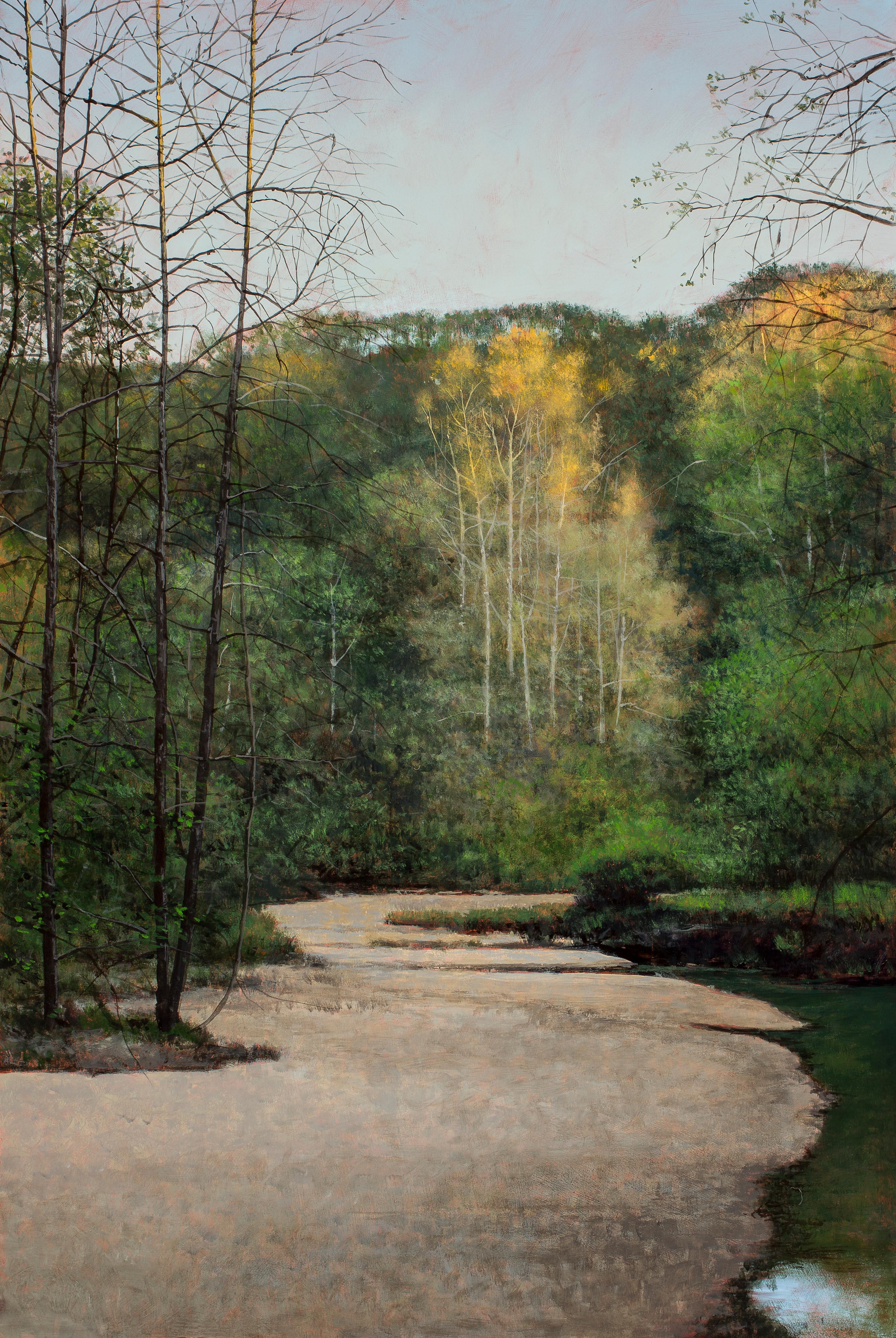 Jeff Aeling Landscape Painting - Creek, Early Spring - Wooded Clearing Near Creek in Early Spring , Oil on Panel