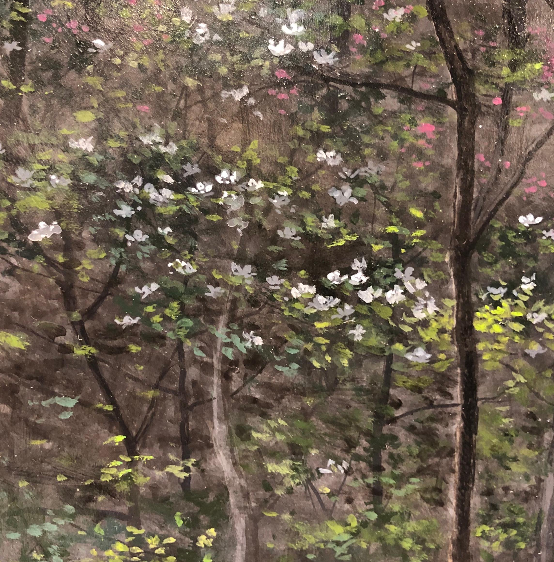 Bois de chiens, arbres de chiens en fleurs dans un paysage boisé, huile sur panneau en vente 1