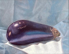 Eggplant - Still Life with a Single Eggplant on Gray Blue Satin, Framed