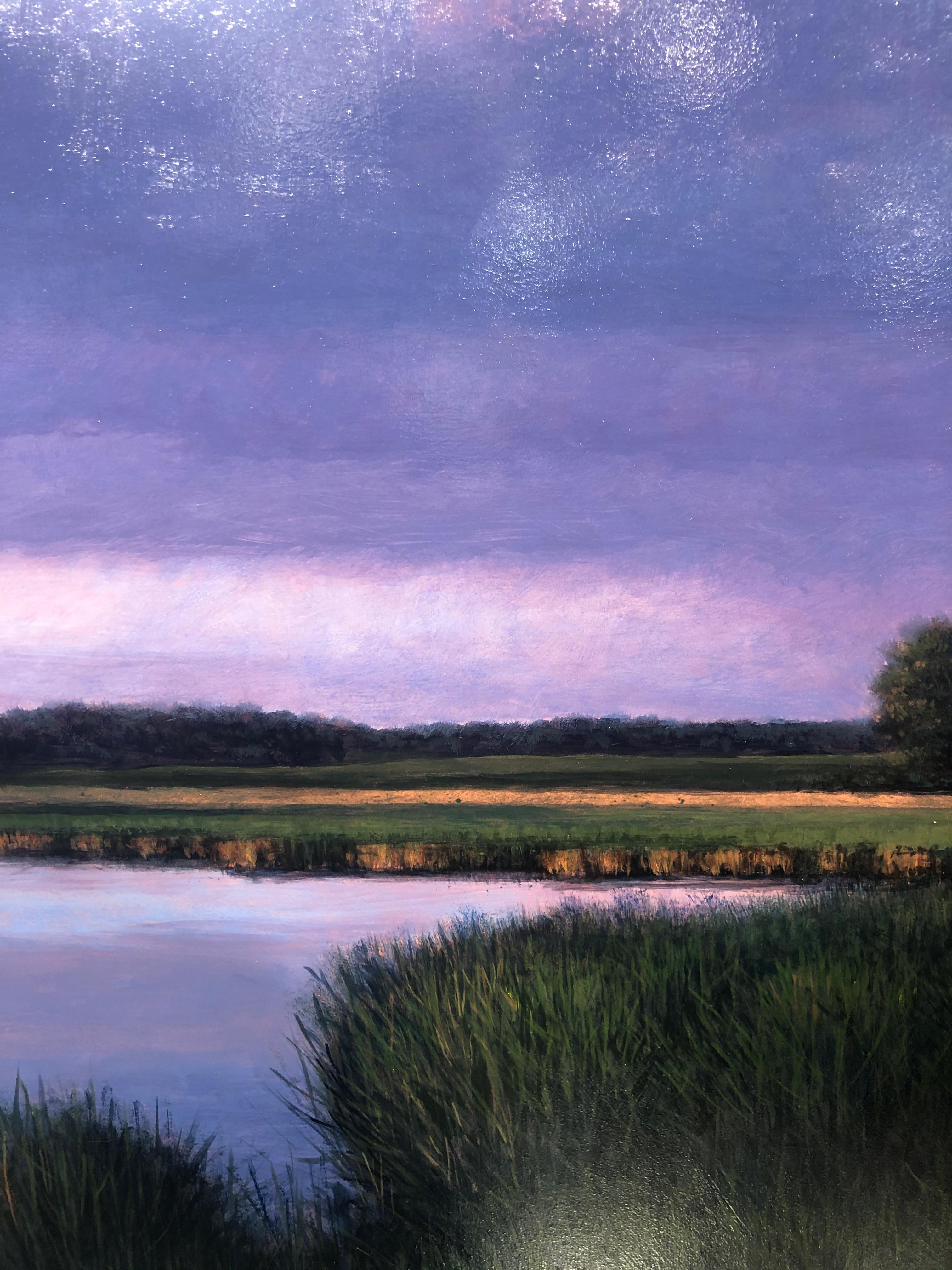 Evening Cumulus and Pond, Serene Landscape Sun Kissed Clouds, Meandering Water - Contemporary Painting by Jeff Aeling