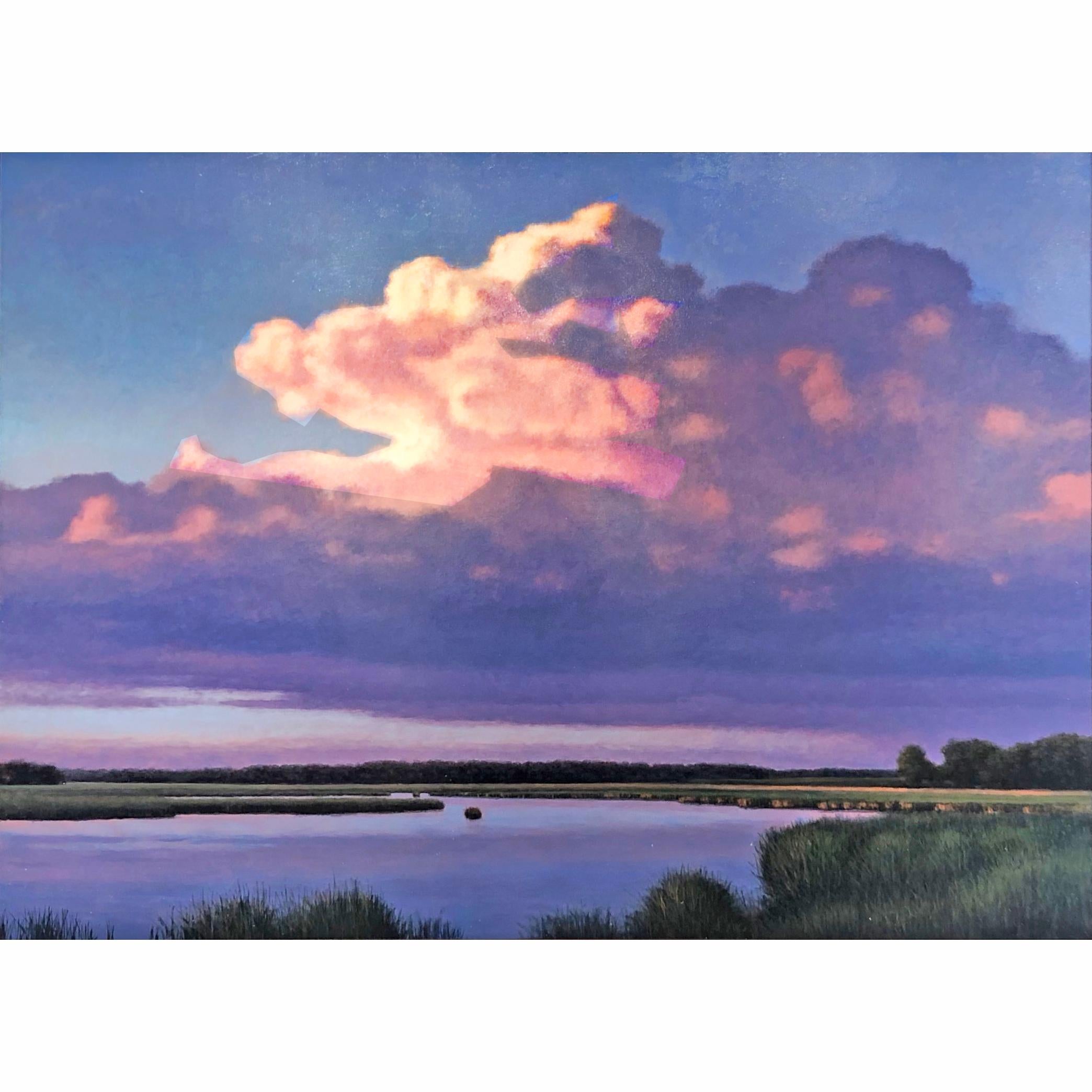 Evening Cumulus and Pond, Serene Landscape Sun Kissed Clouds, Meandering Water - Painting by Jeff Aeling