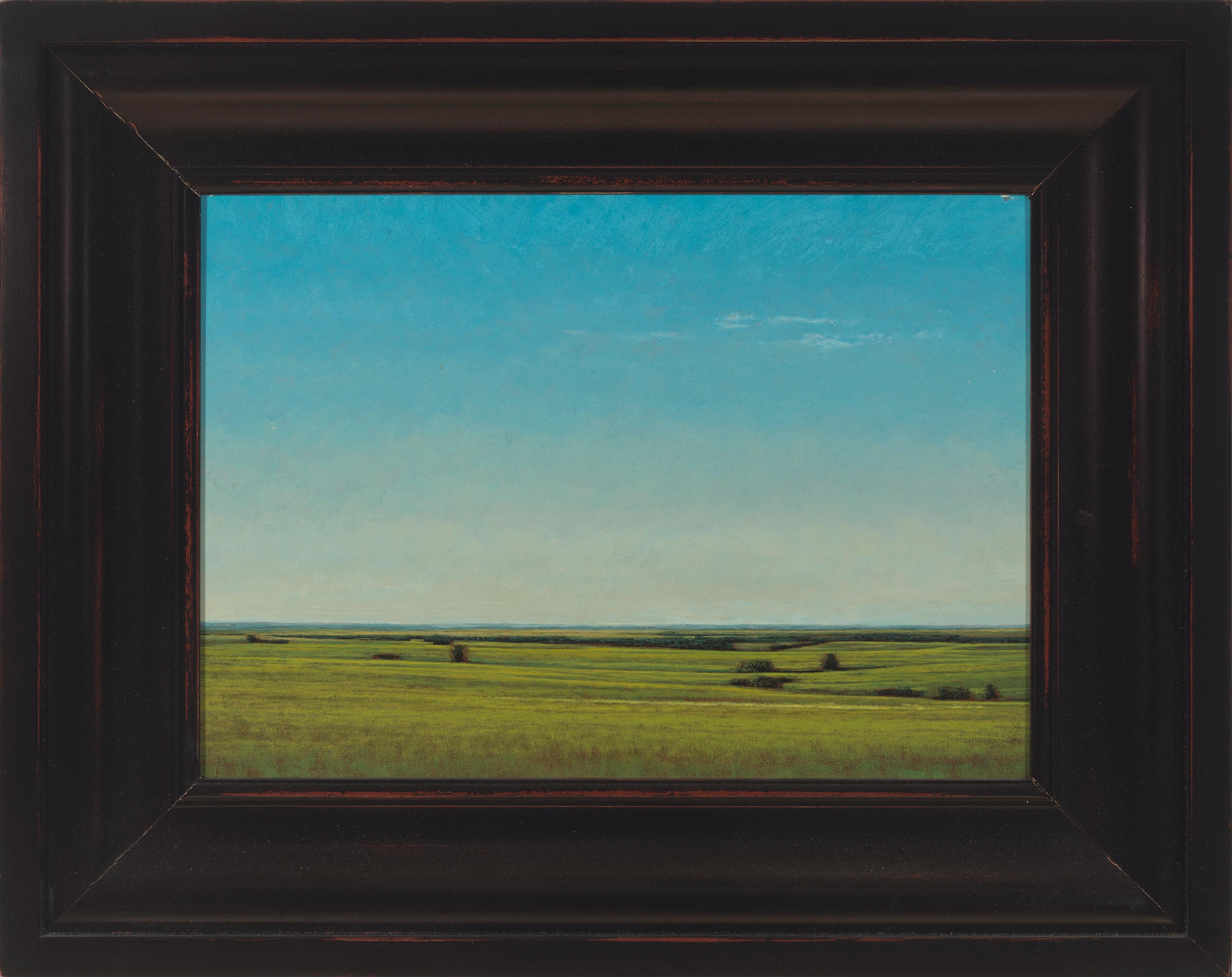 Spätes Nachmittagsabends in der Nähe von Salina, Kansas, heitere Landschaft mit üppigen Grüntönen und Blautönen (Zeitgenössisch), Painting, von Jeff Aeling