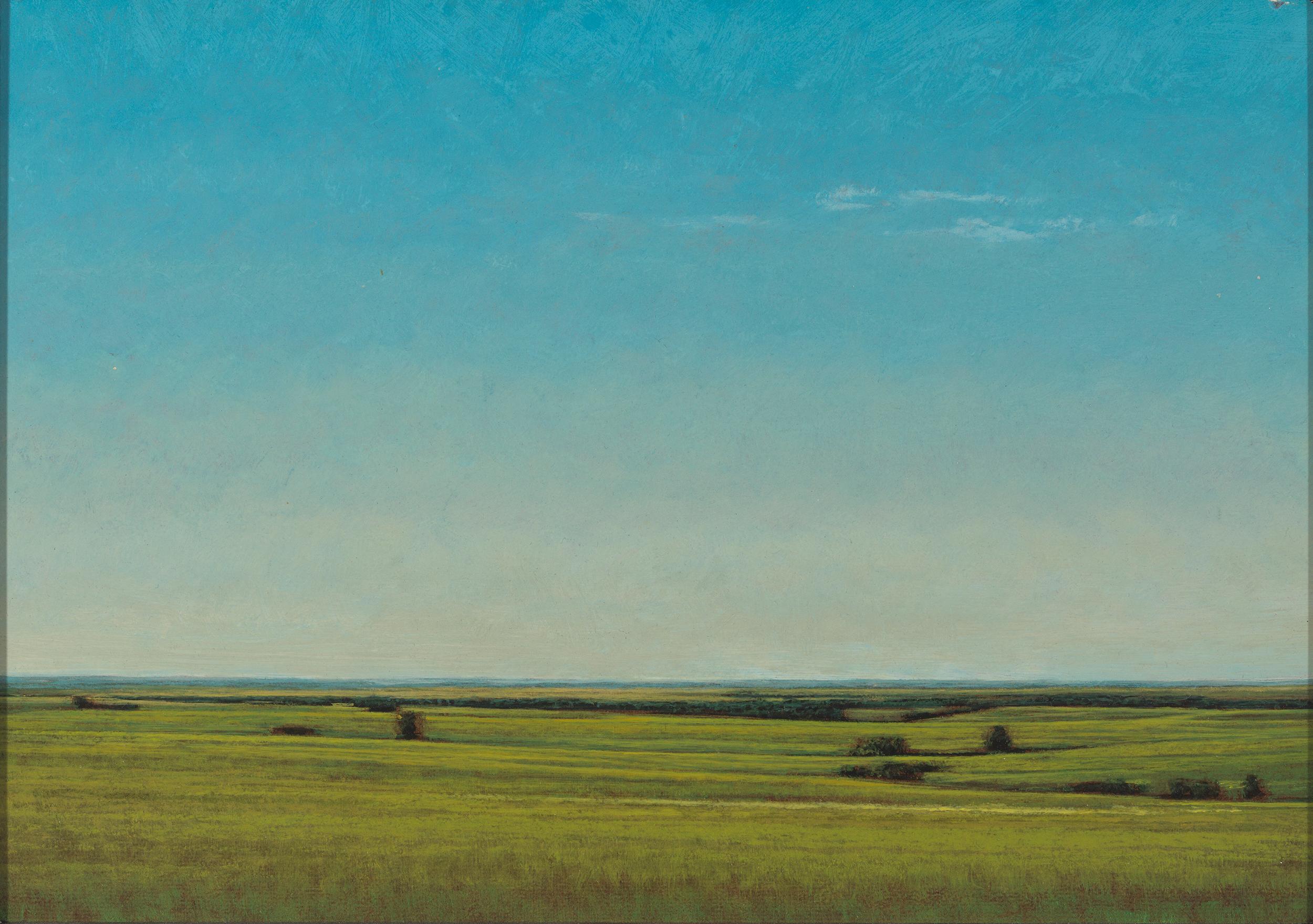 Spätes Nachmittagsabends in der Nähe von Salina, Kansas, heitere Landschaft mit üppigen Grüntönen und Blautönen – Painting von Jeff Aeling