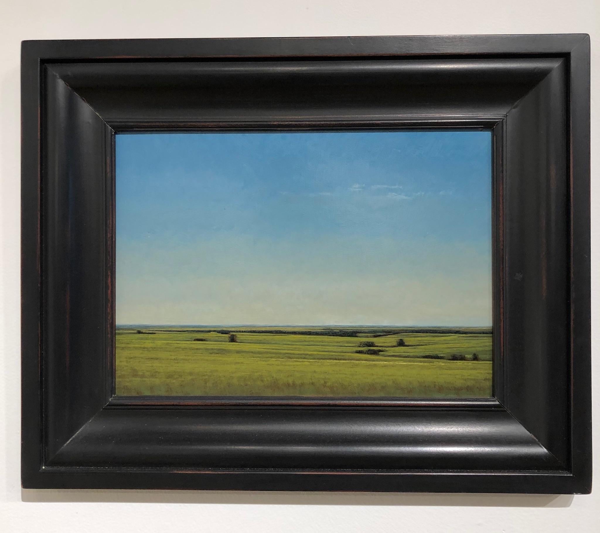 In dieser ruhigen Landschaft verwendet Jeff Aeling tiefe Grün- und Brauntöne für das offene Feld und ein Saphirblau für den endlosen Himmel darüber.  Das Gemälde ist in einem schweren Holzrahmen gerahmt und misst 16h x 20w Zoll
 
Jeff