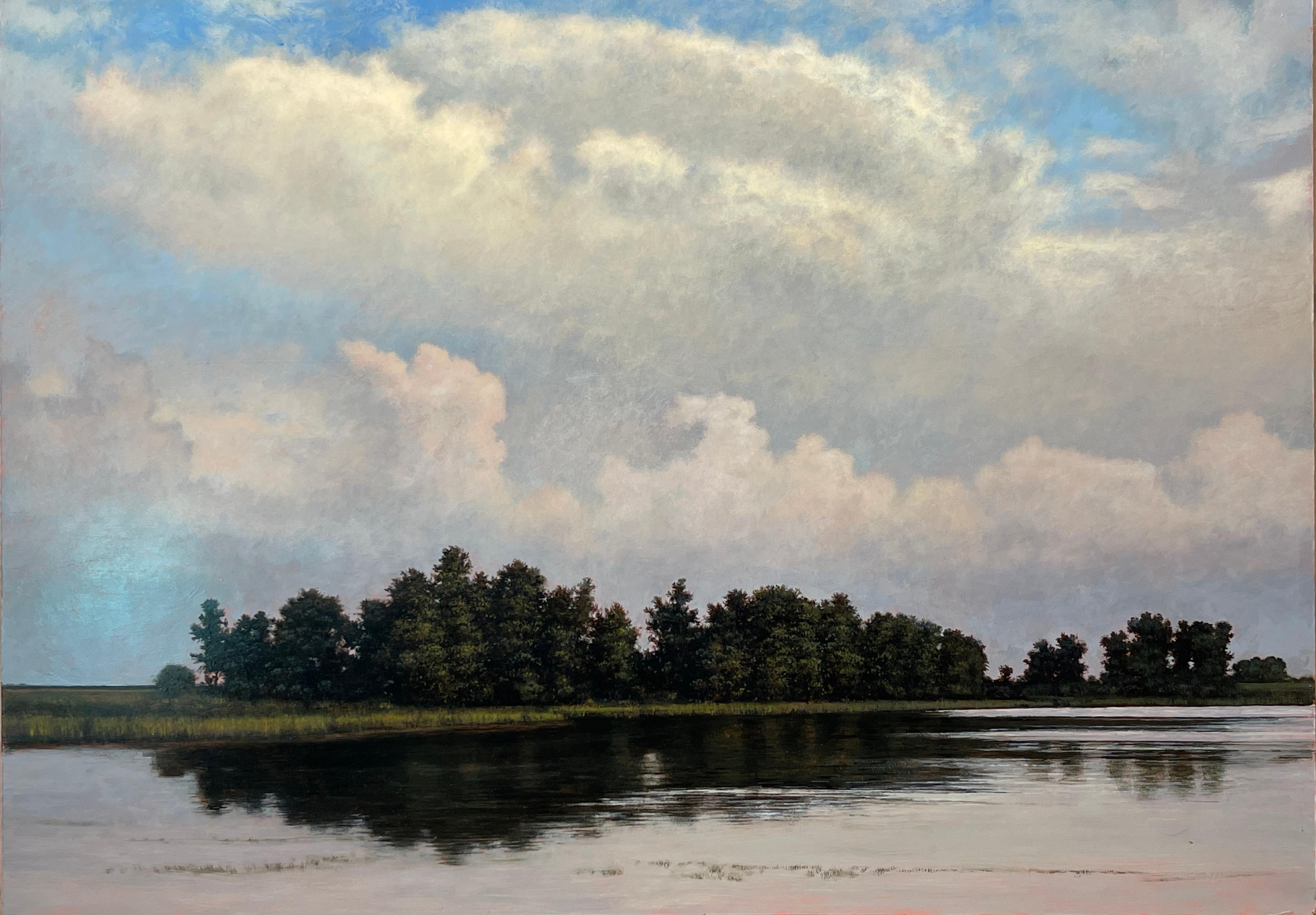 Late Afternoon Trees and Reflection  - Landscape and Water Oil Painting