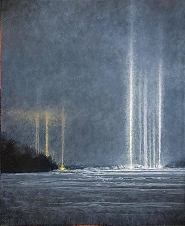 Light Pillars - Atmospheric Optical Phenomenon, Framed Oil Painting For Sale 4