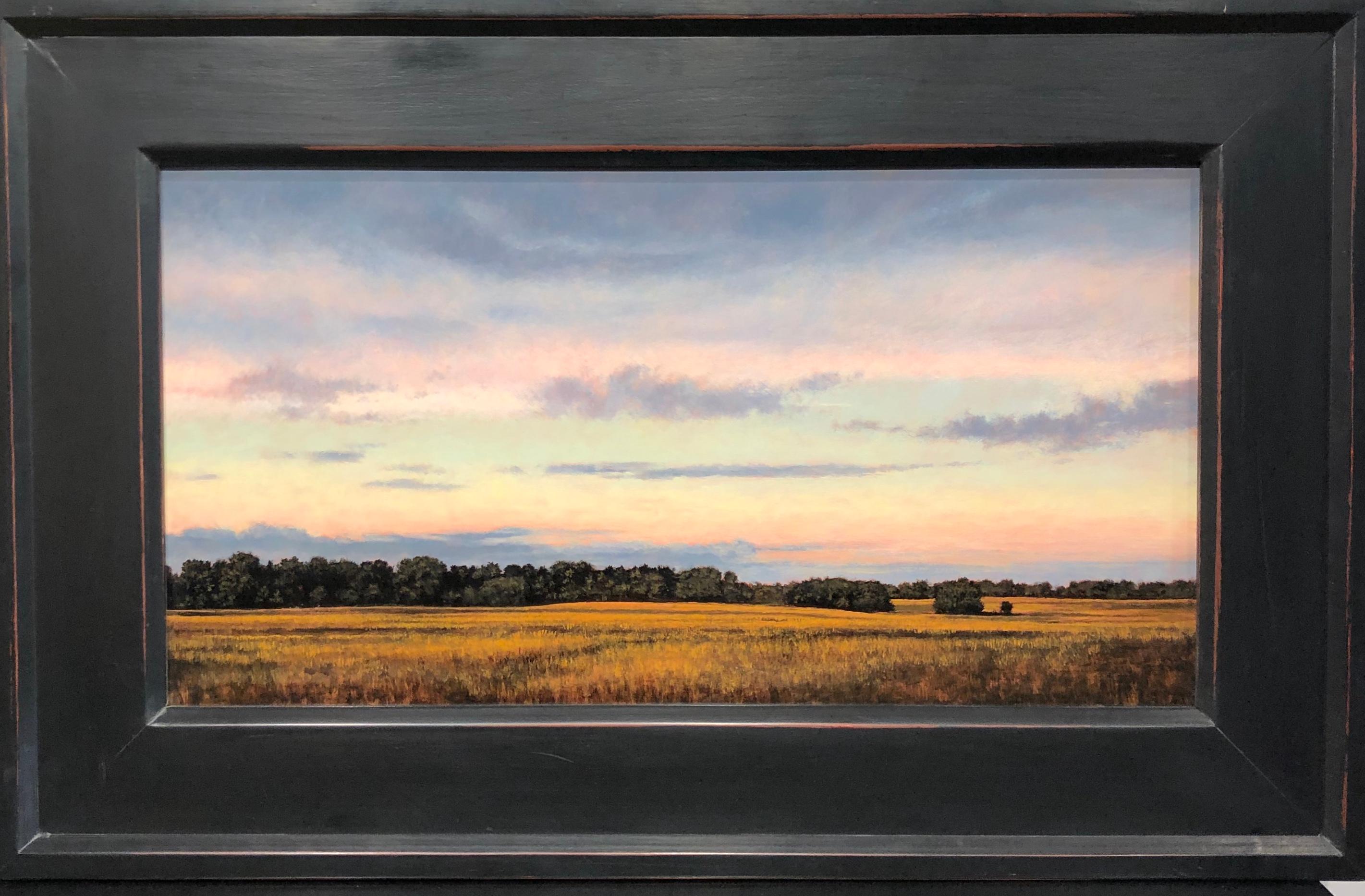 Meadow, Twilight, Pastoral Landscape at Dusk, Oil on Panel, Framed - Painting by Jeff Aeling