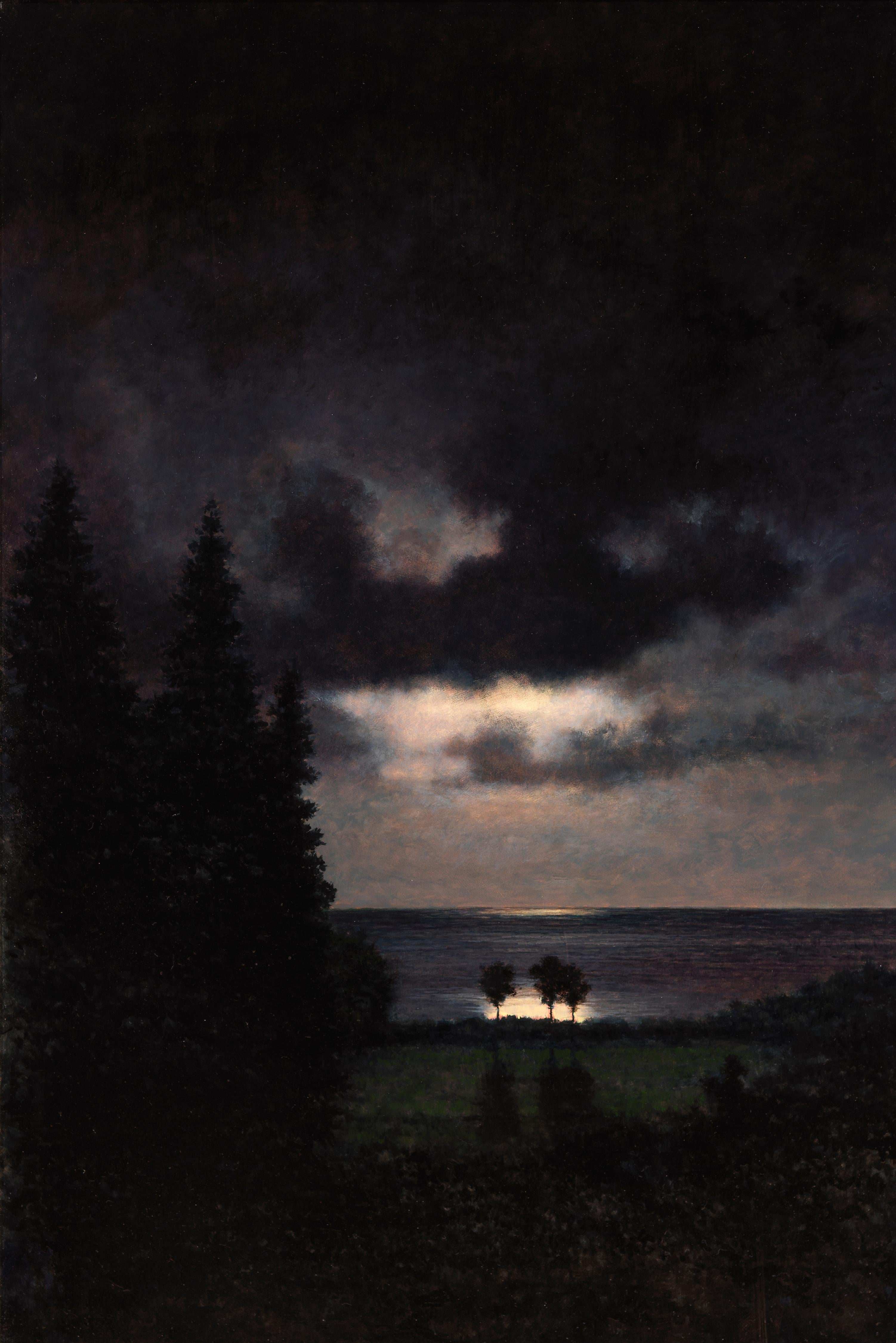 Moonrise, Kauai - Oceanfront Moonlight Through Cloudy Sky, Öl auf Tafel, gerahmt (Zeitgenössisch), Painting, von Jeff Aeling