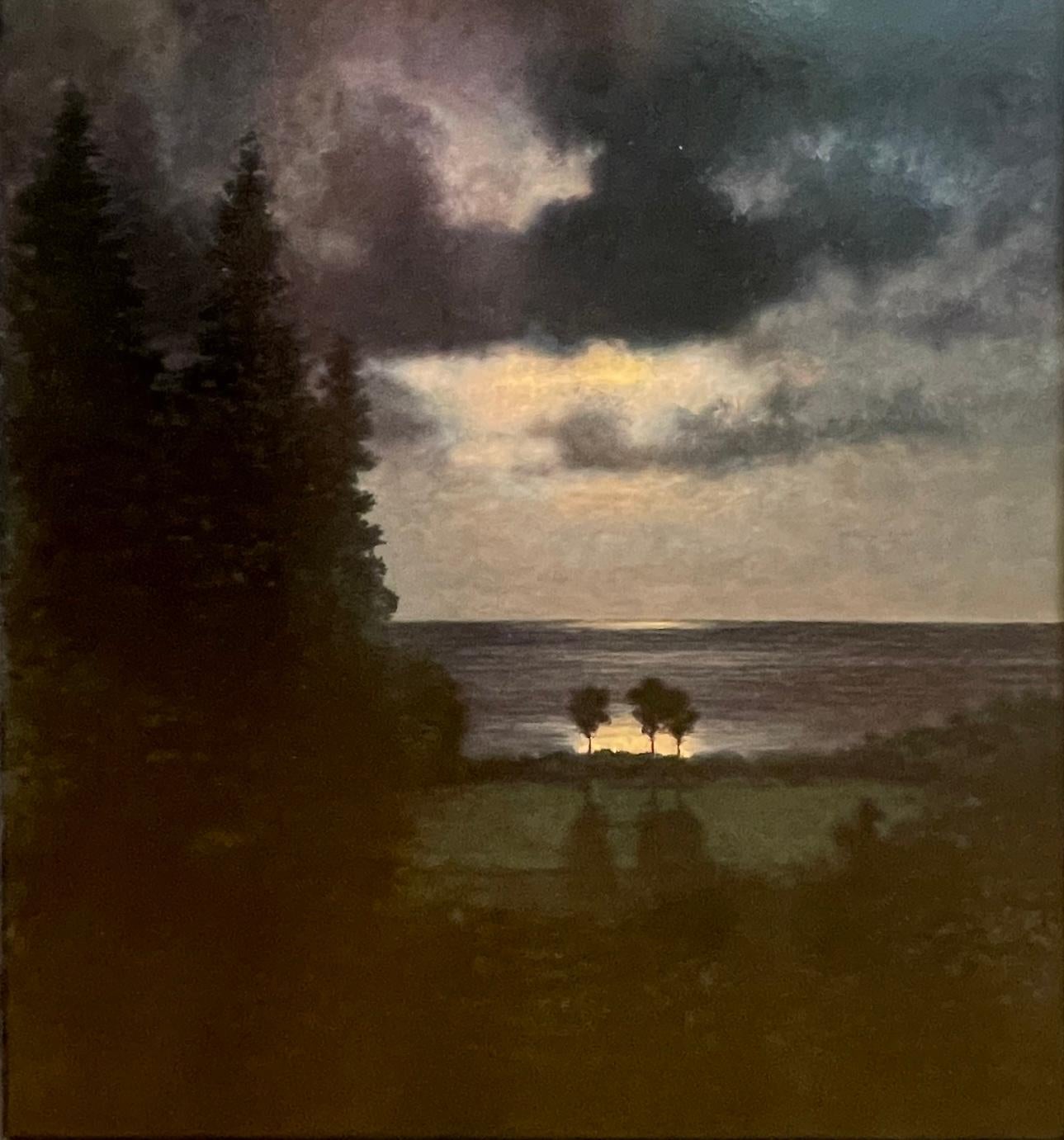 Moonrise, Kauai - Oceanfront Moonlight Through Cloudy Sky, Oil on Panel, Framed For Sale 1