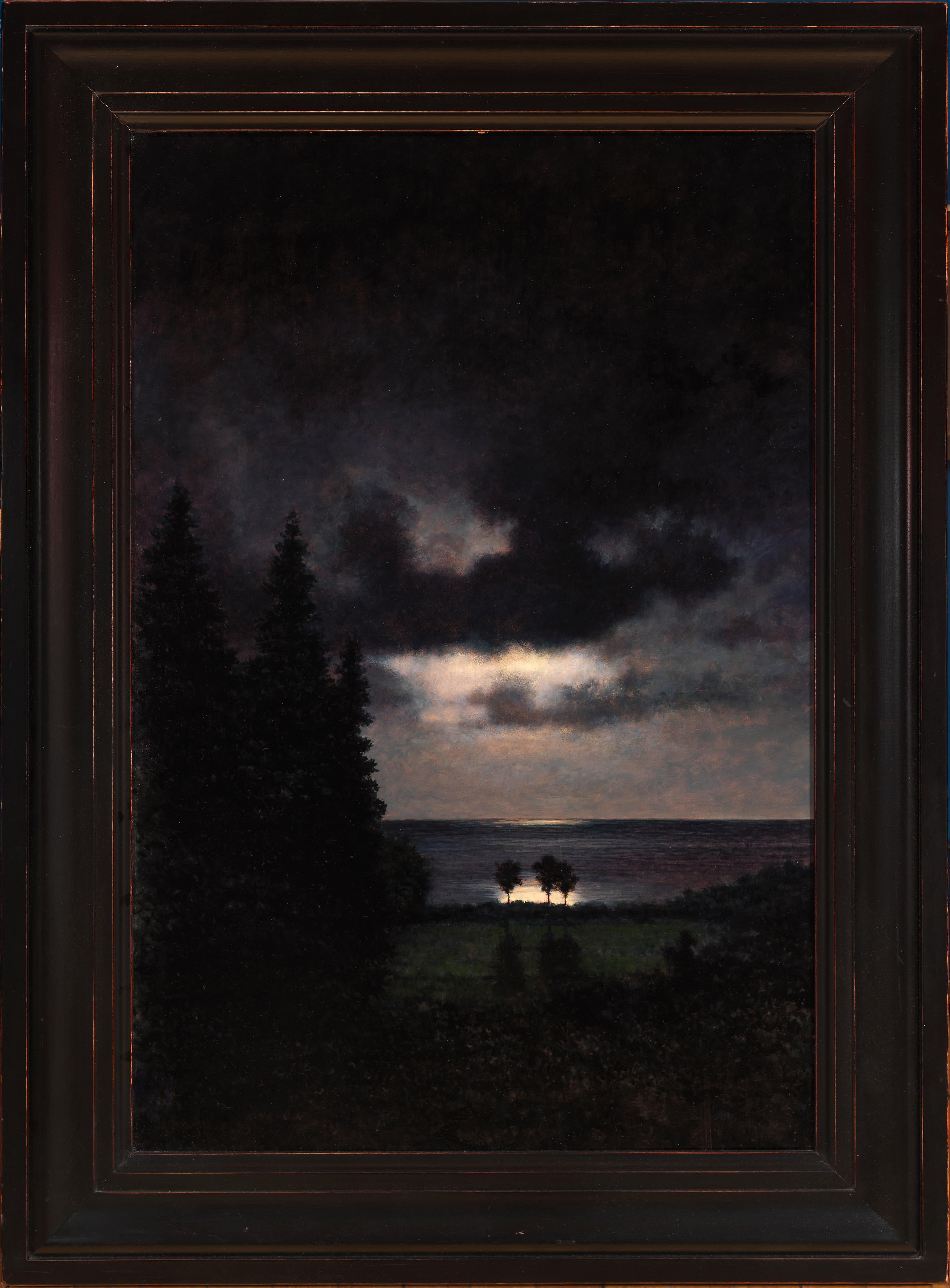 Moonrise, Kauai - Oceanfront Moonlight Through Cloudy Sky, Öl auf Tafel, gerahmt – Painting von Jeff Aeling