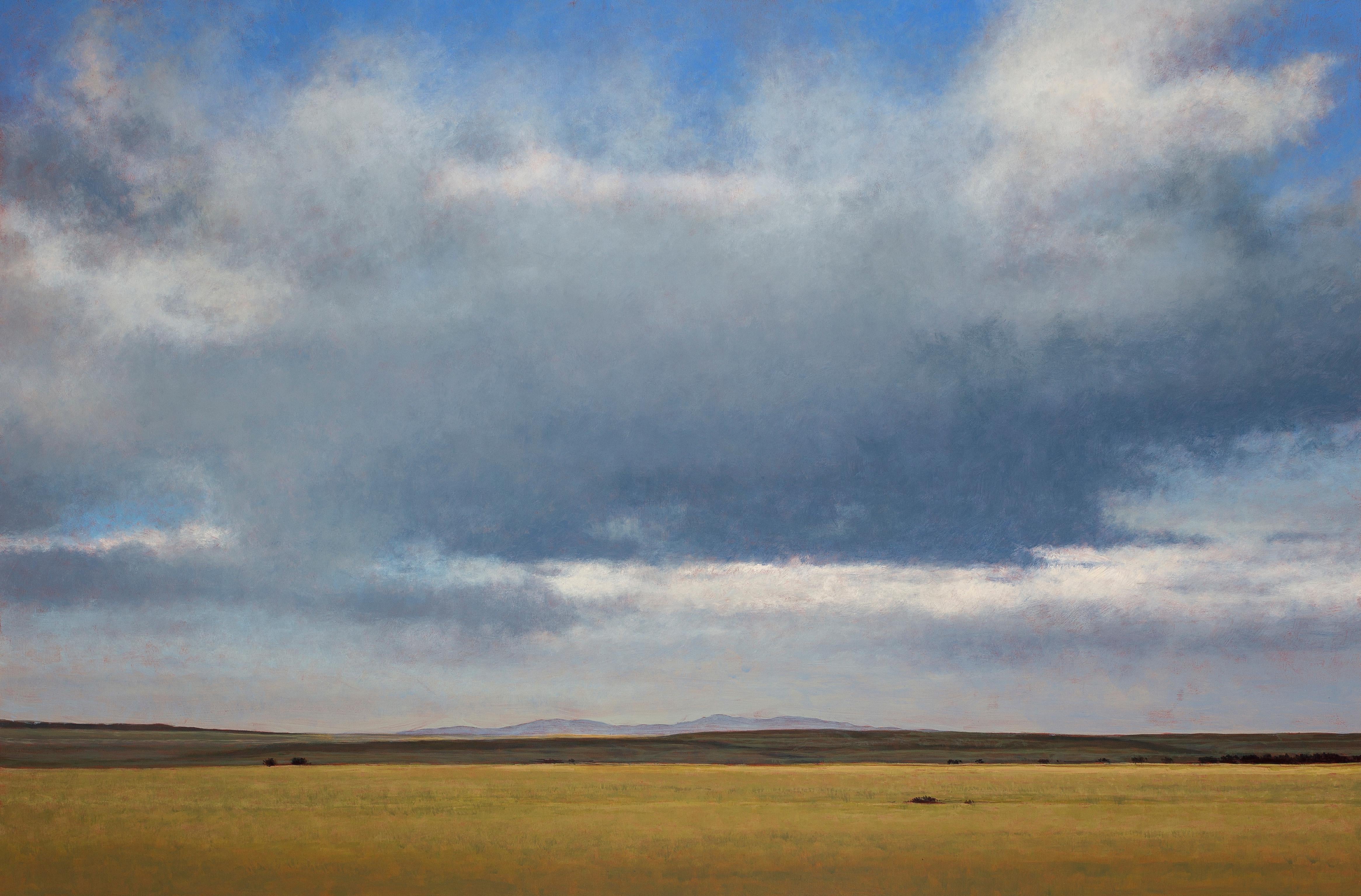 North of Las Vegas - Vast Golden Plain Under a Cloud Filled Sky , Oil on Panel - Painting by Jeff Aeling