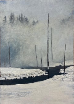 Troncs de pin et sources minérales, Yellowstone - Peinture à l'encaustique de paysages de neige
