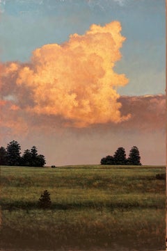 Pins et nuages près de Denver - Paysage réaliste peint à l'huile avec de gros nuages