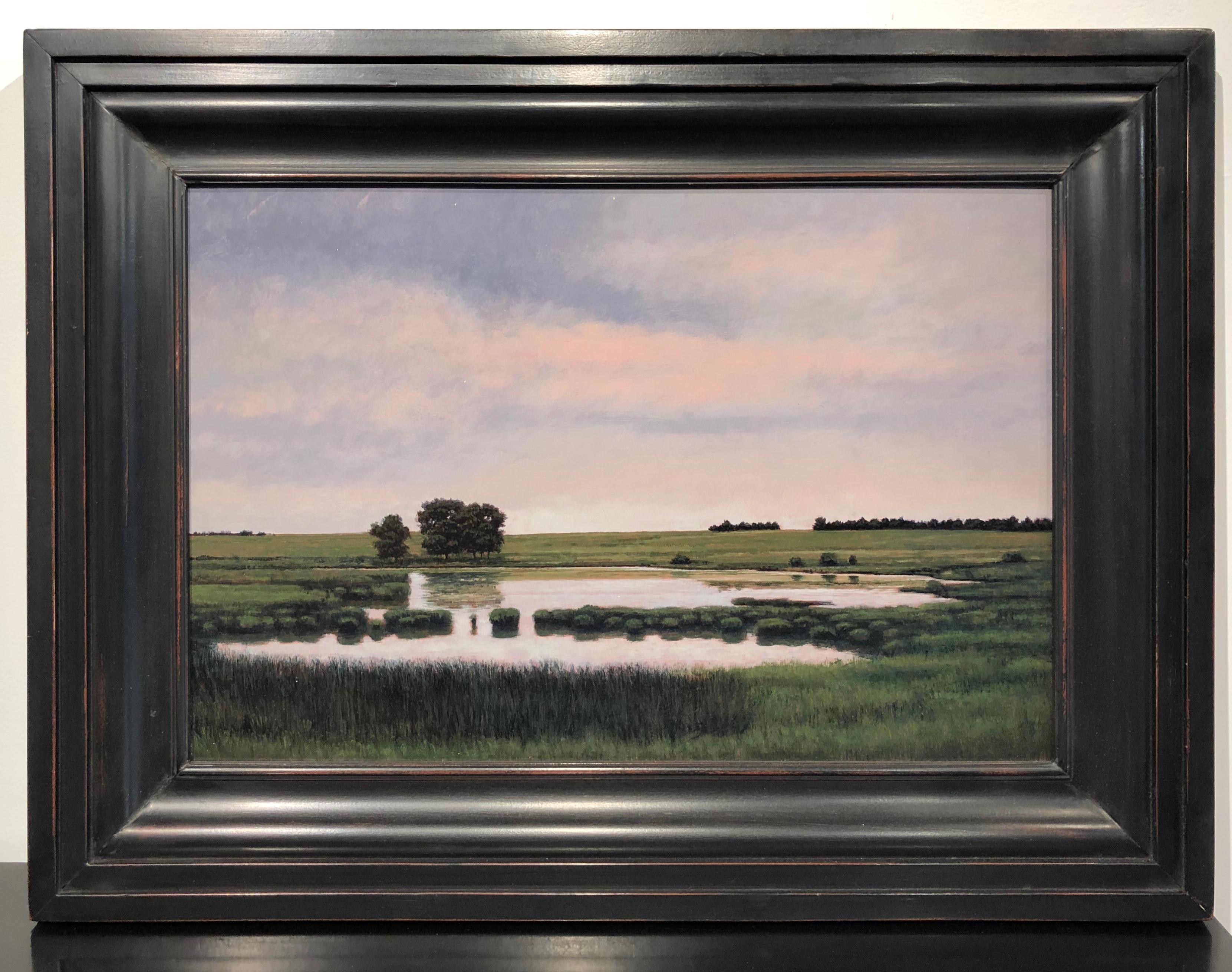 Estanque cerca de St. Cloud, MN -Paisaje pastoral sereno con agua serpenteante, Enmarcado - Painting de Jeff Aeling