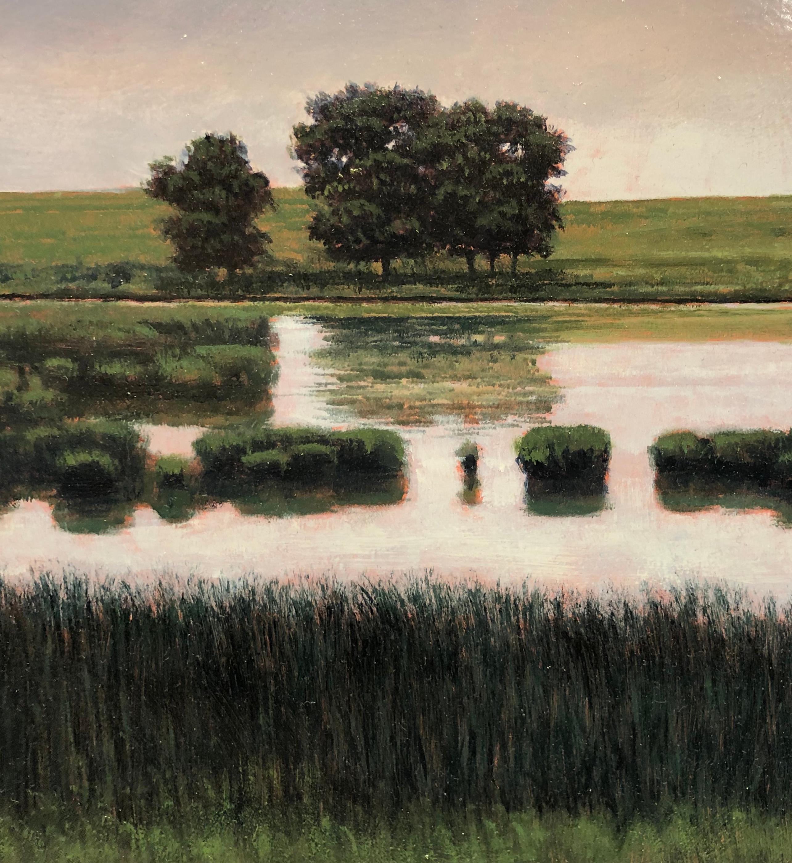 Estanque cerca de St. Cloud, MN -Paisaje pastoral sereno con agua serpenteante, Enmarcado - Painting Contemporáneo de Jeff Aeling
