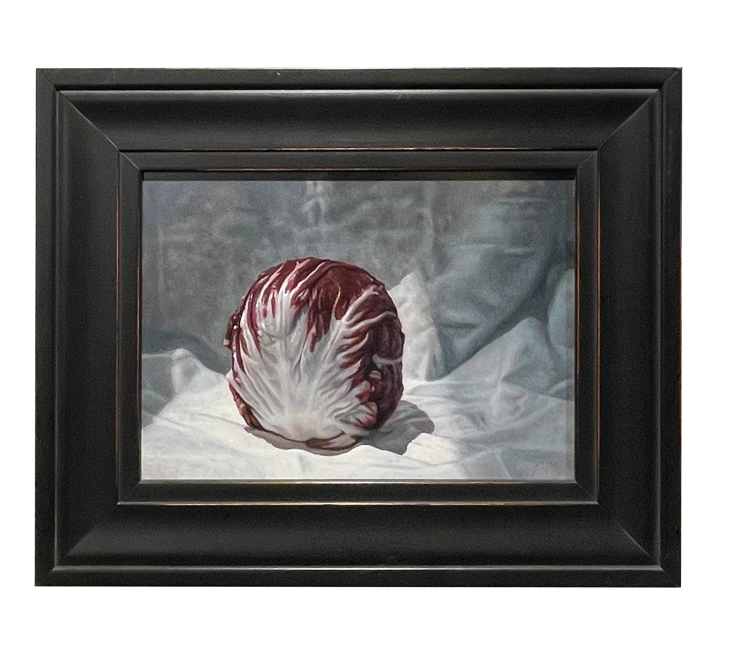 Radicchio - Still Life with a Single Radicchio Head on Gray Satin, Framed - Painting by Jeff Aeling