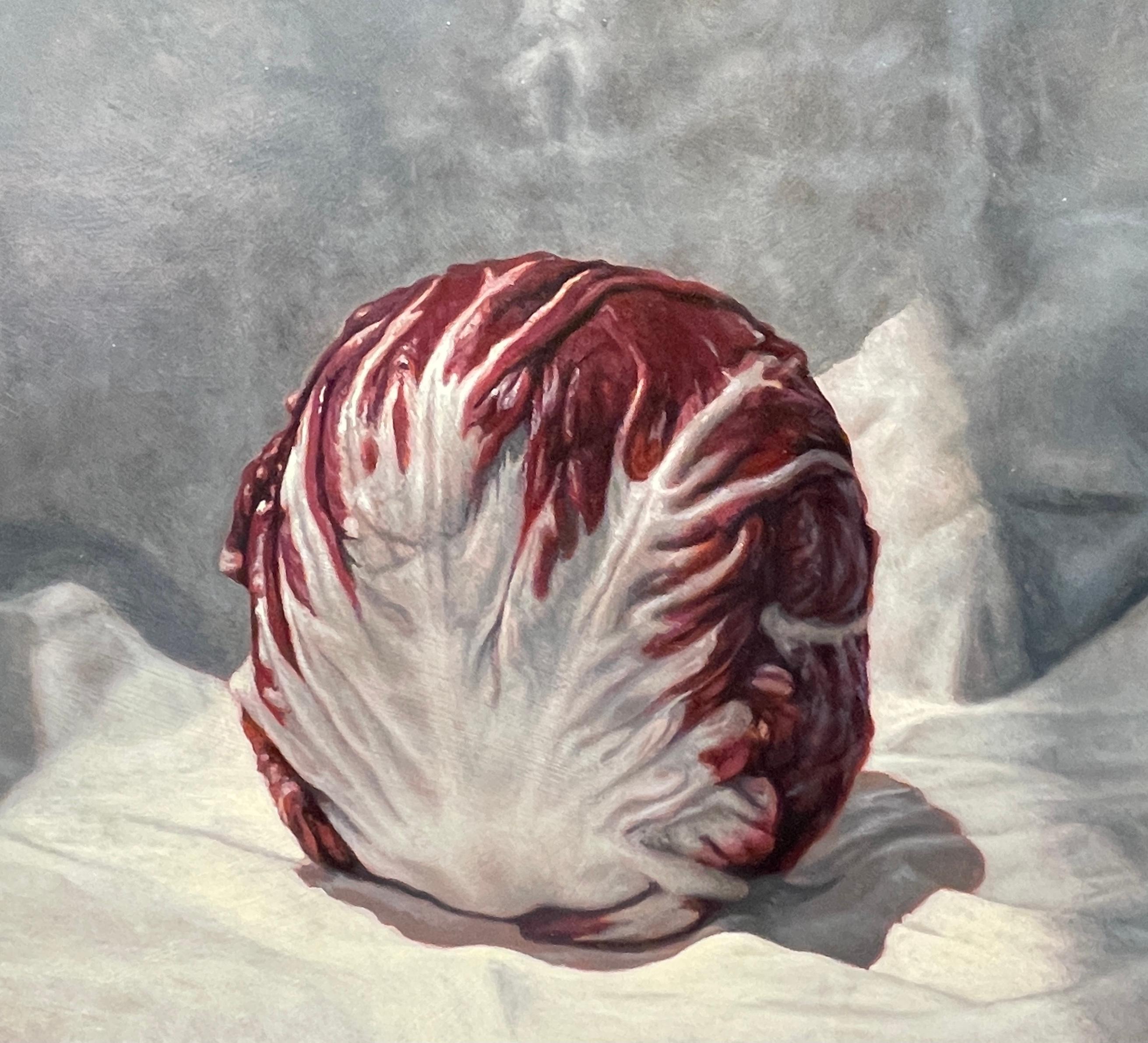 Radicchio - Still Life with a Single Radicchio Head on Gray Satin, Framed - Contemporary Painting by Jeff Aeling