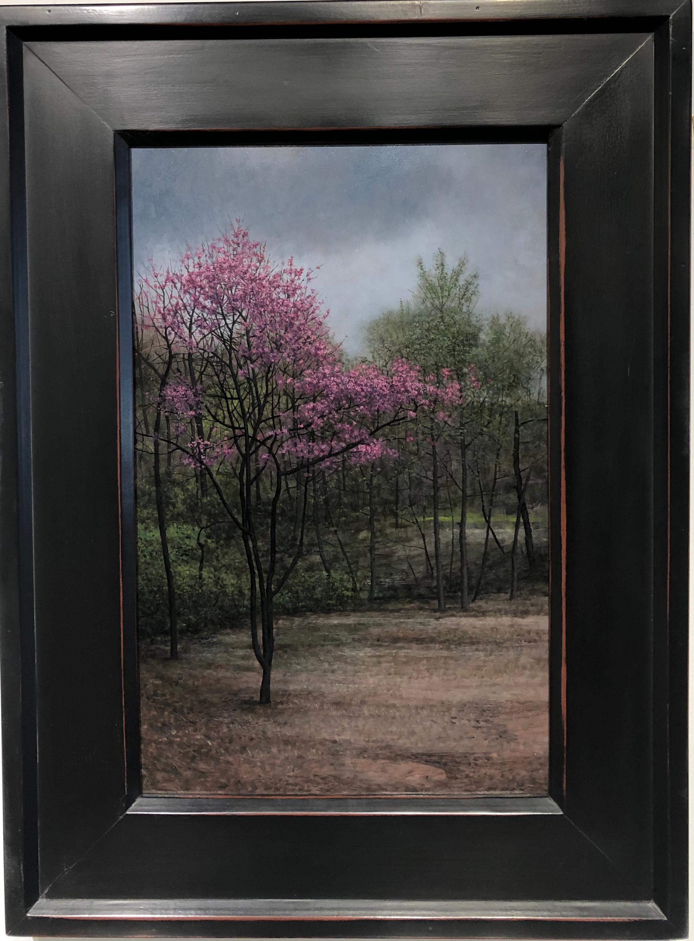 Red bud - Wooded Landscape with Blooming Redbud in Early Spring , Oil on Panel - Contemporary Painting by Jeff Aeling