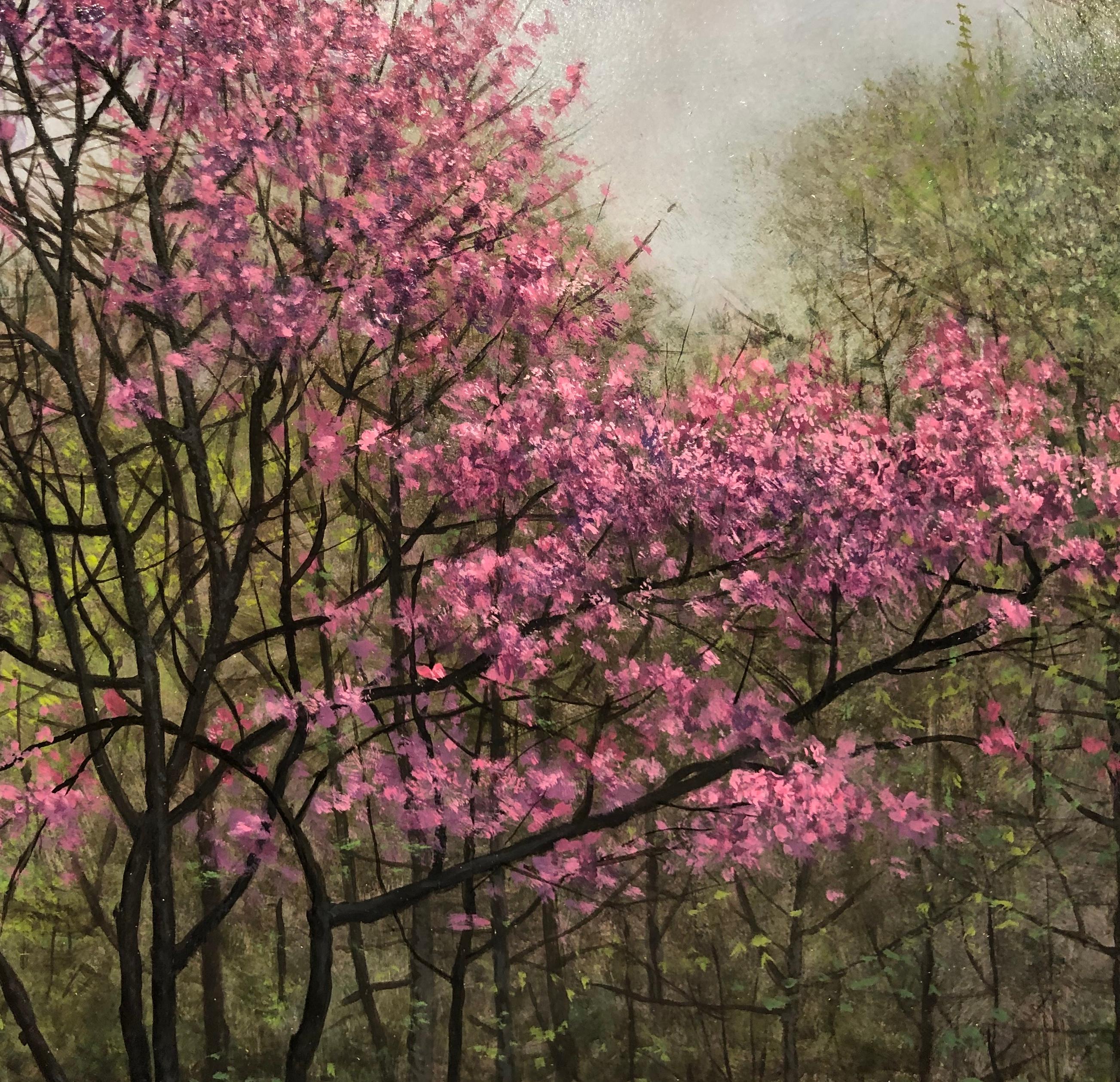 This contemplative oil painting by Jeff Aeling captures spring in all its beauty.  The redbud is in full bloom with its tiny bright pink flowers bringing the dormant winter woods into the rebirth of spring.  Painted in a style that blends