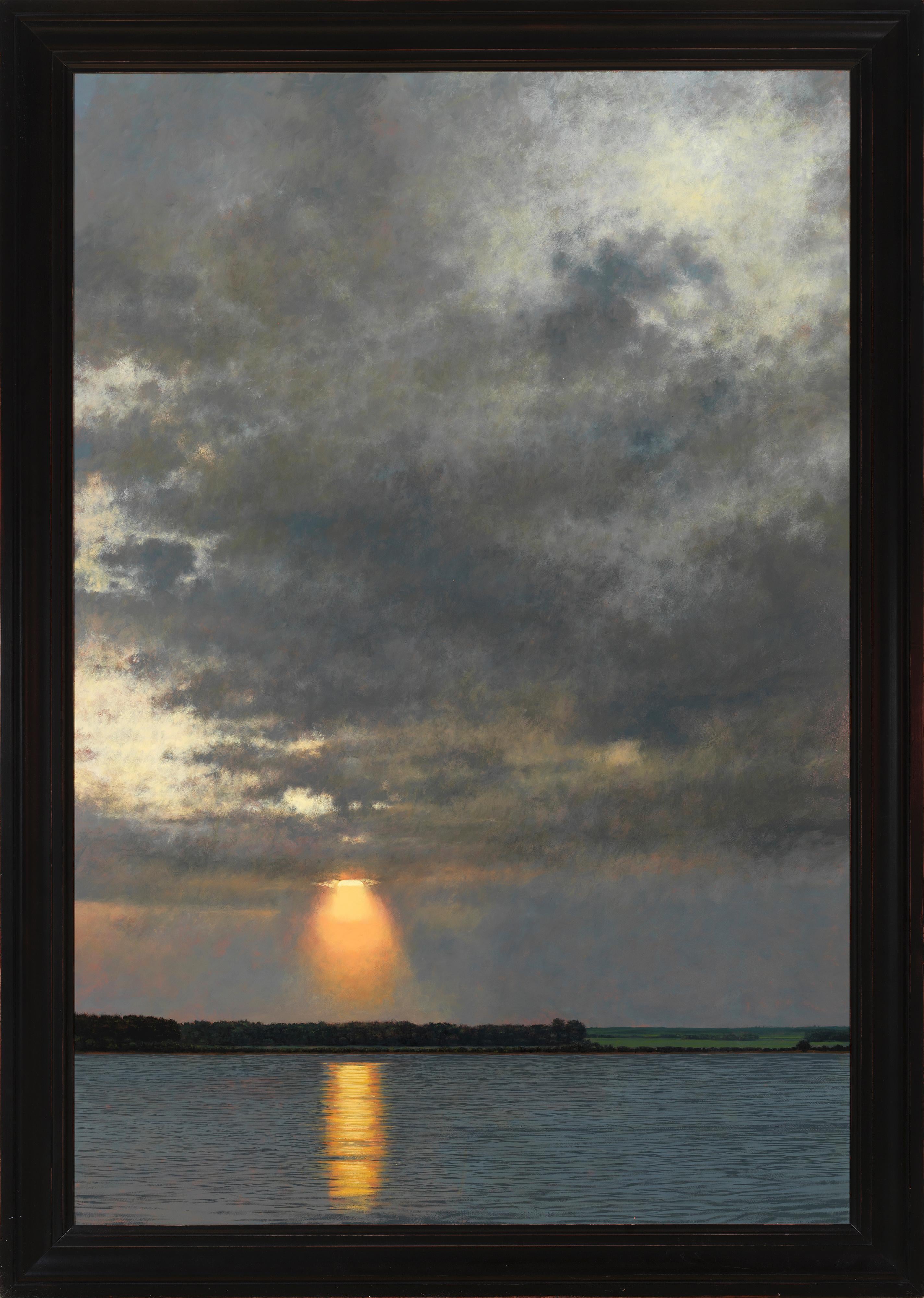 Setting Sun - Sun Peaking Through a Cloudy Sky Over a Lake, Large Oil on Panel - Painting by Jeff Aeling