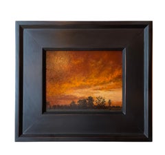 Sunset - Fiery Sky with Silhouetted Trees on the Horizon, Oil on Panel, Framed