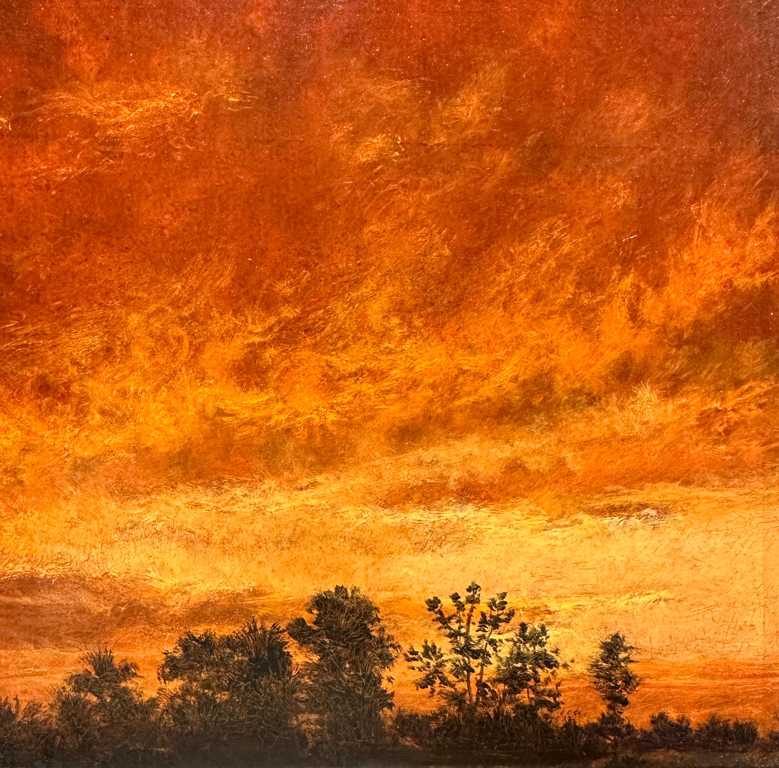 Sunset - Fiery Sky with Silhouetted Trees on the Horizon, Oil on Panel, Framed - Contemporary Painting by Jeff Aeling
