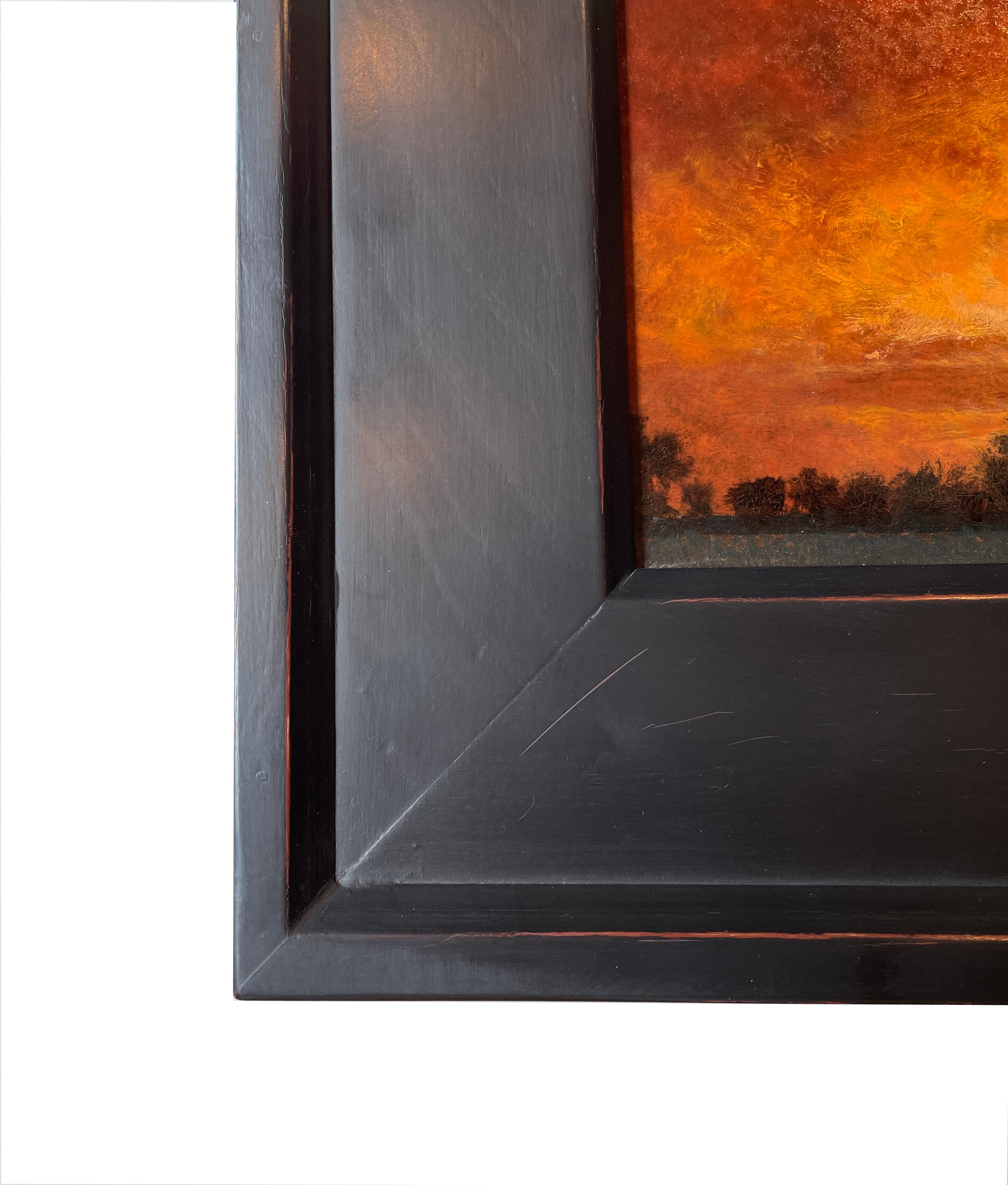 Sunset - Fiery Sky with Silhouetted Trees on the Horizon, Oil on Panel, Framed For Sale 2