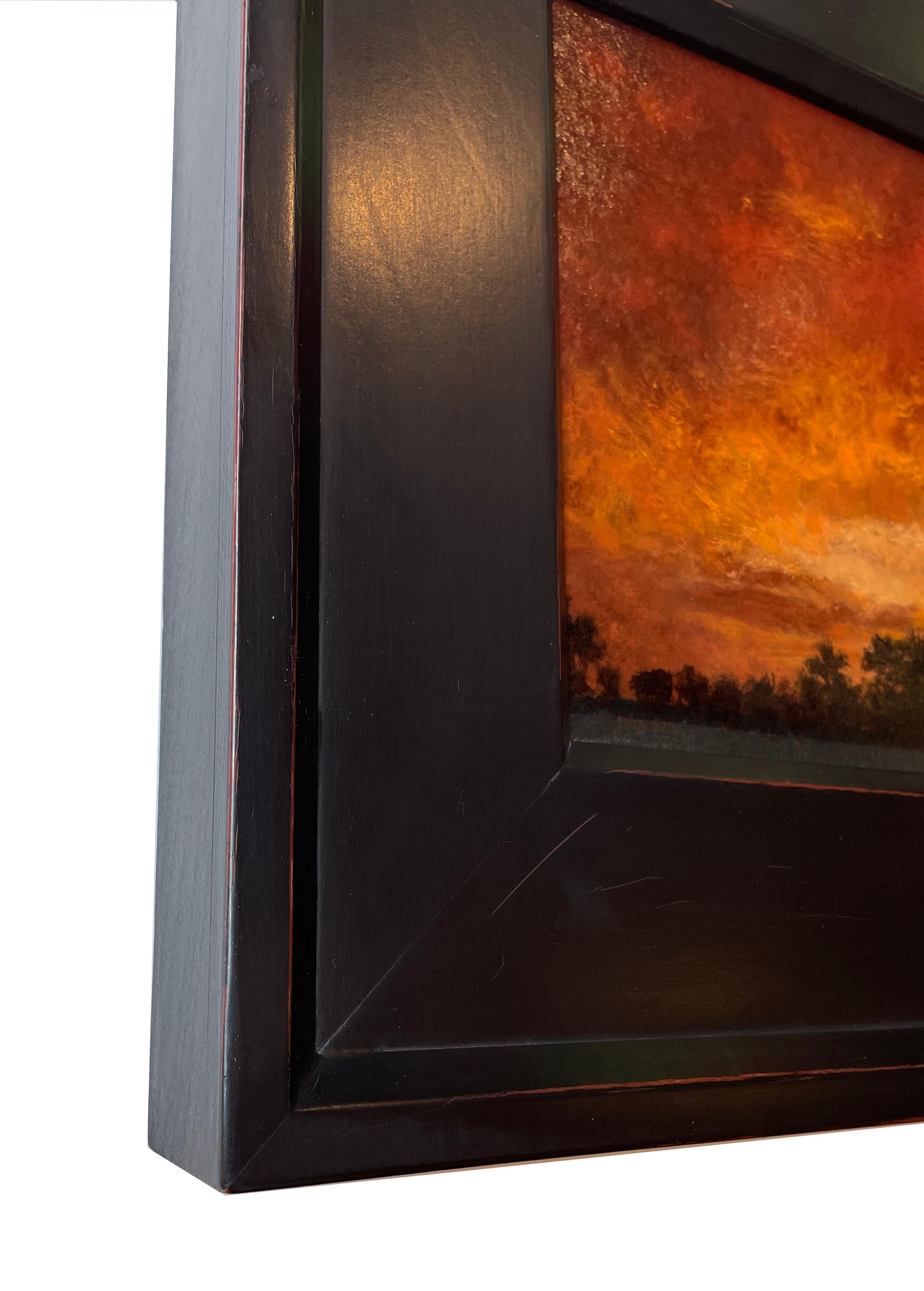 Sunset - Fiery Sky with Silhouetted Trees on the Horizon, Oil on Panel, Framed For Sale 3